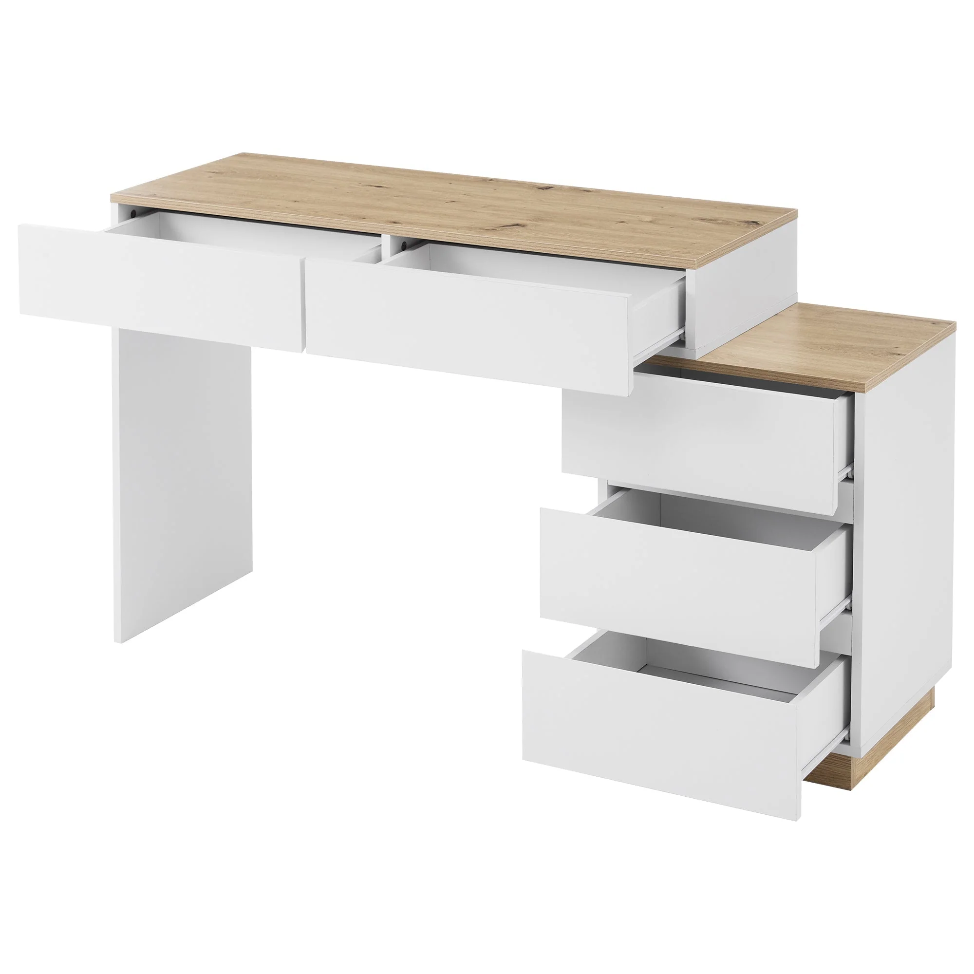 Desk and Dressing Table with 5 Storage Drawers, White and Oak - Image 8