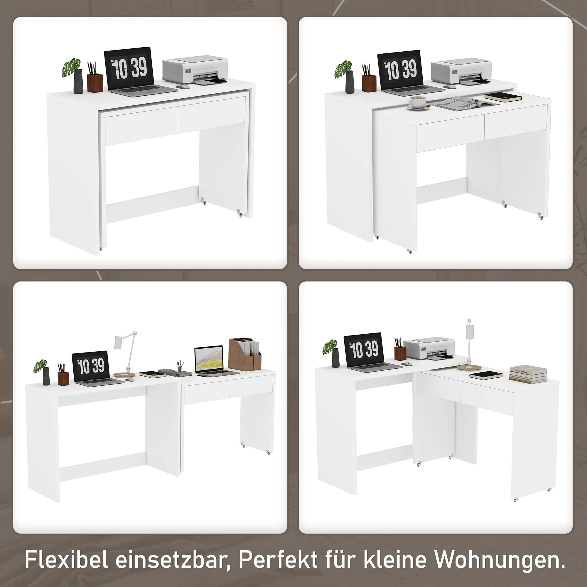 Desk + Chest of Drawers, 2-in-1 Extendable Compact Foldable, 1.8cm Thick Wood - Image 2