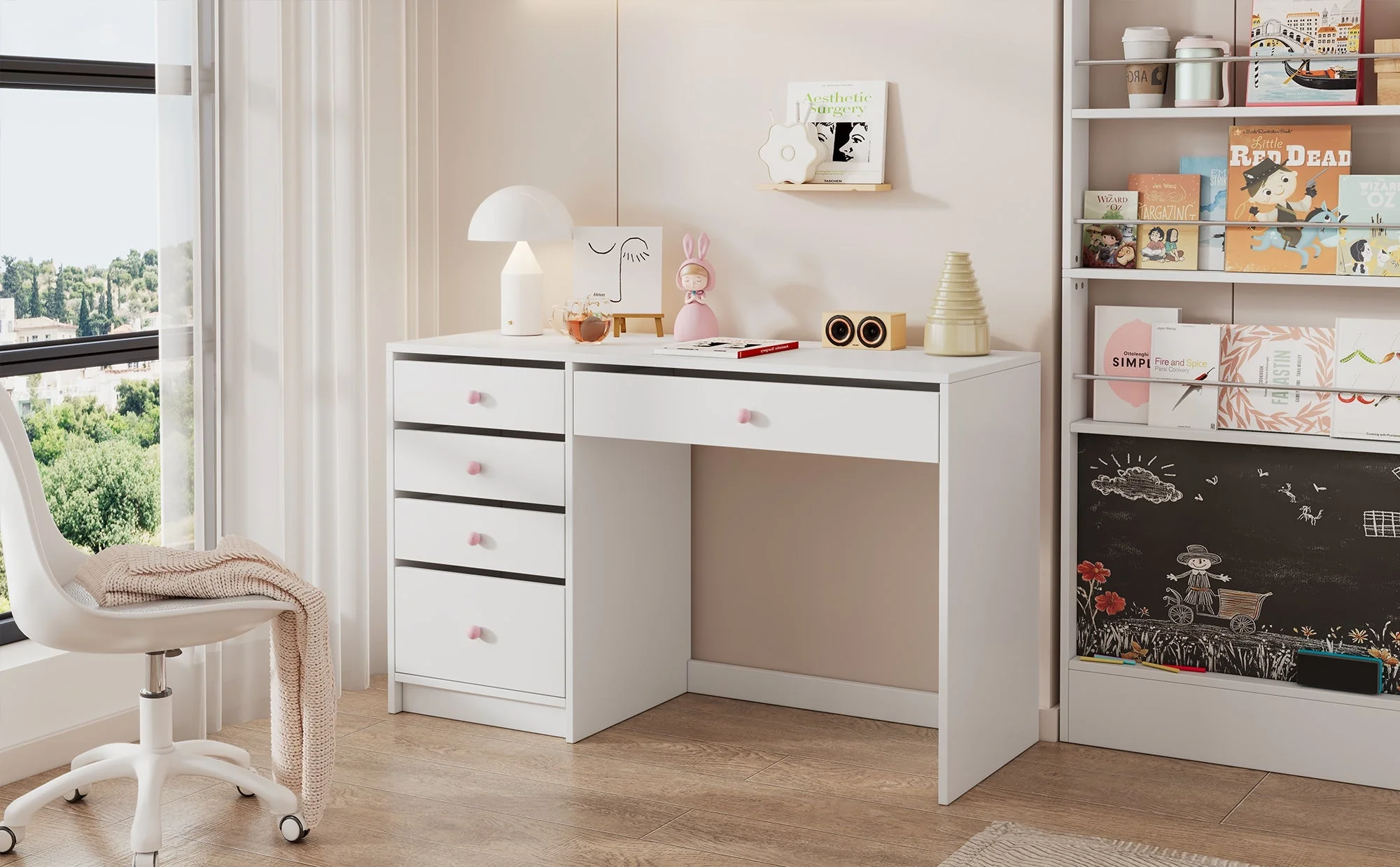 Desk Children's/Computer Dressing Table 5 Drawers Pink Ceramic Handles, White - Image 8
