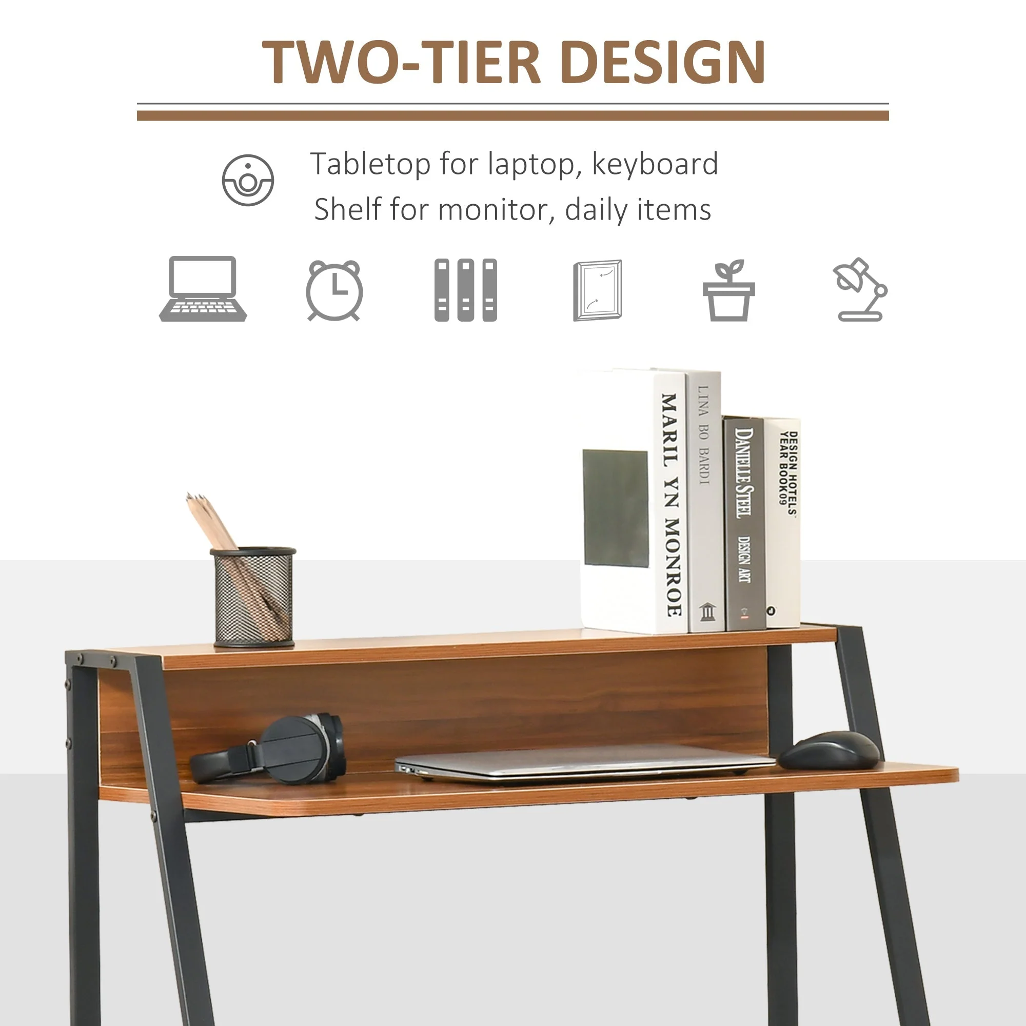 Desk Computer Table, Storage & Cable Management, Metal Walnut - Image 4