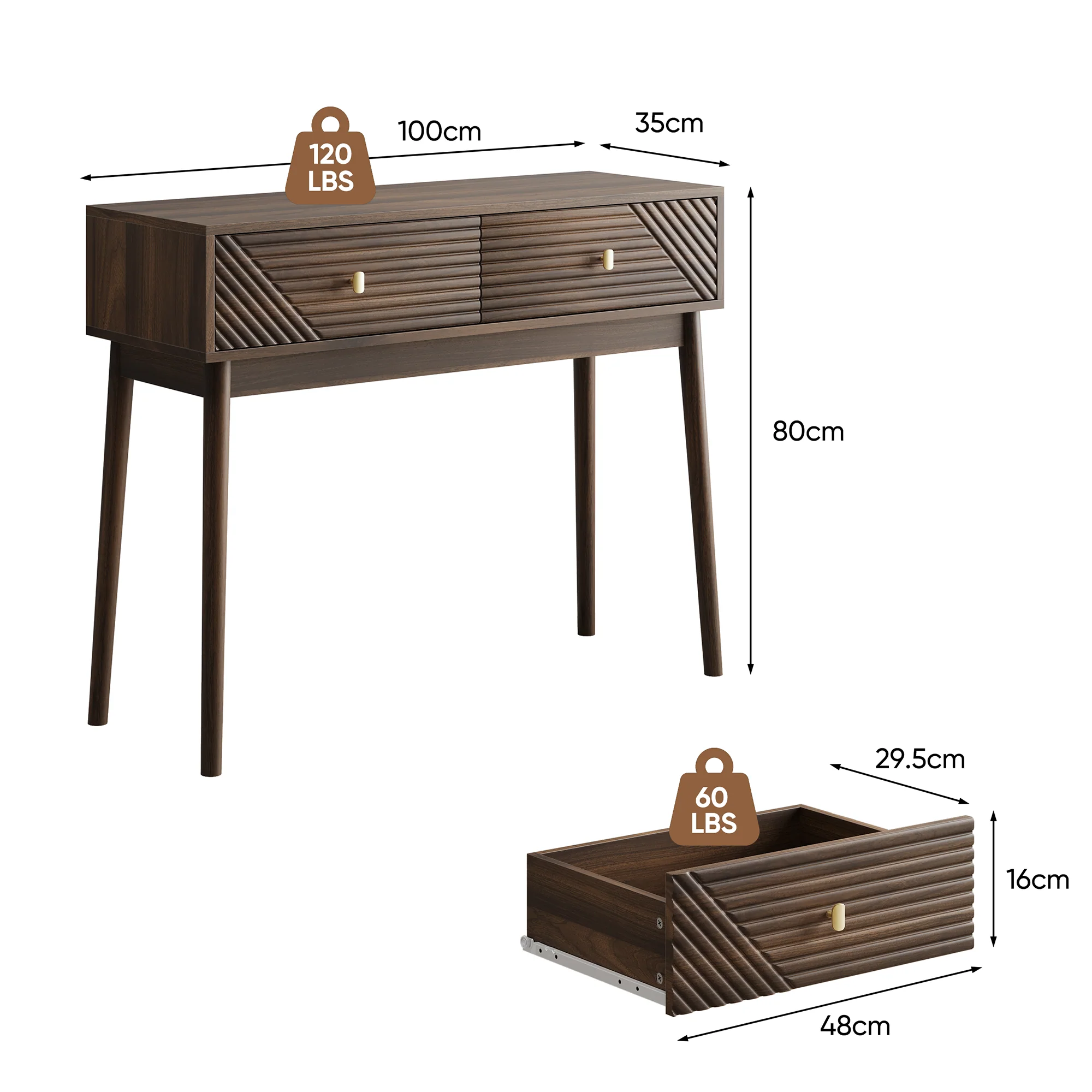Desk, Console Table with Drawers and Open Shelves, Walnut - Image 2