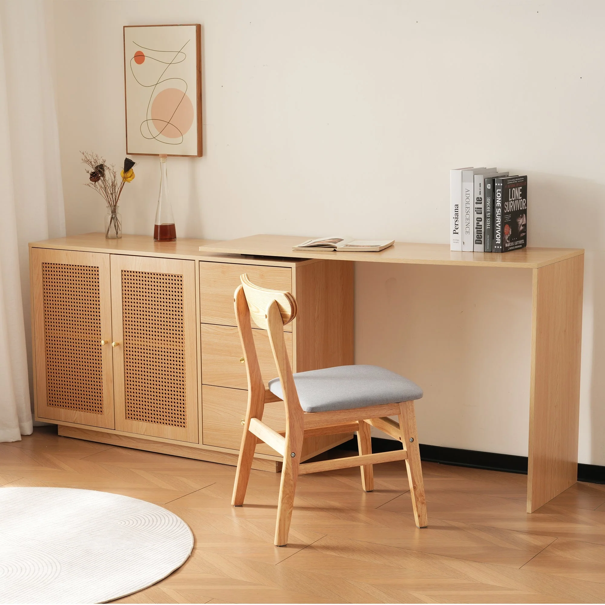 Desk, L-Shaped Corner Computer Table with Rattan Doors, 126 cm White - Image 3