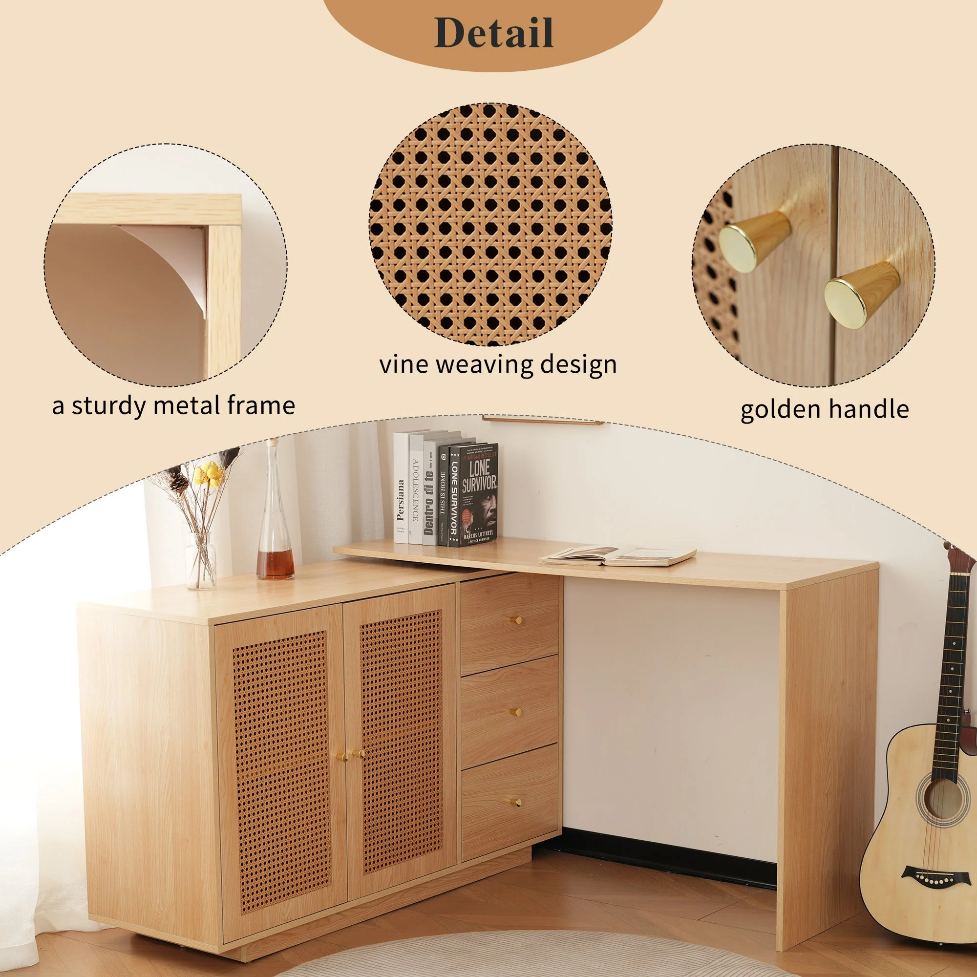 Desk, L-Shaped Corner Computer Table with Rattan Doors, 126 cm White - Image 7