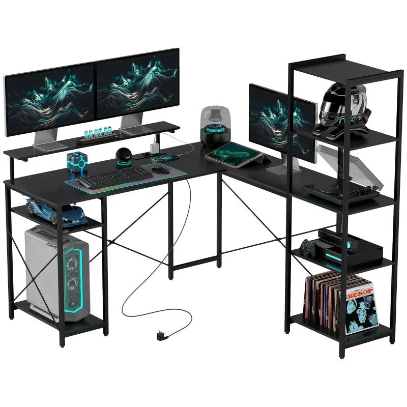 Desk L-Shaped Corner with 6 Shelves Monitor Stand USB Power Outlet, Black - Image 2