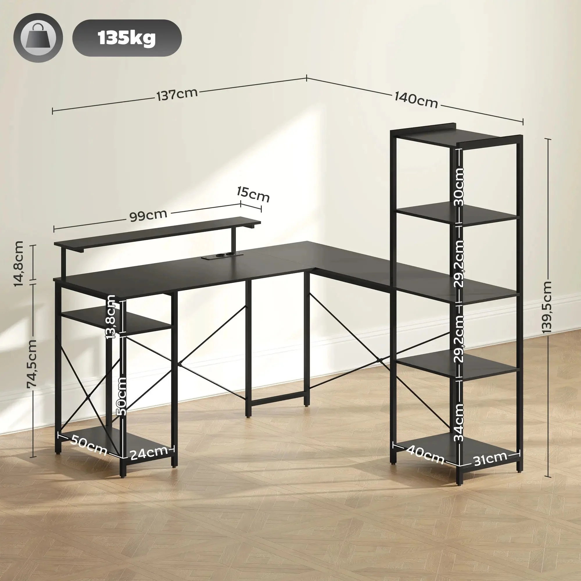 Desk L-Shaped Corner with 6 Shelves Monitor Stand USB Power Outlet, Black - Image 3