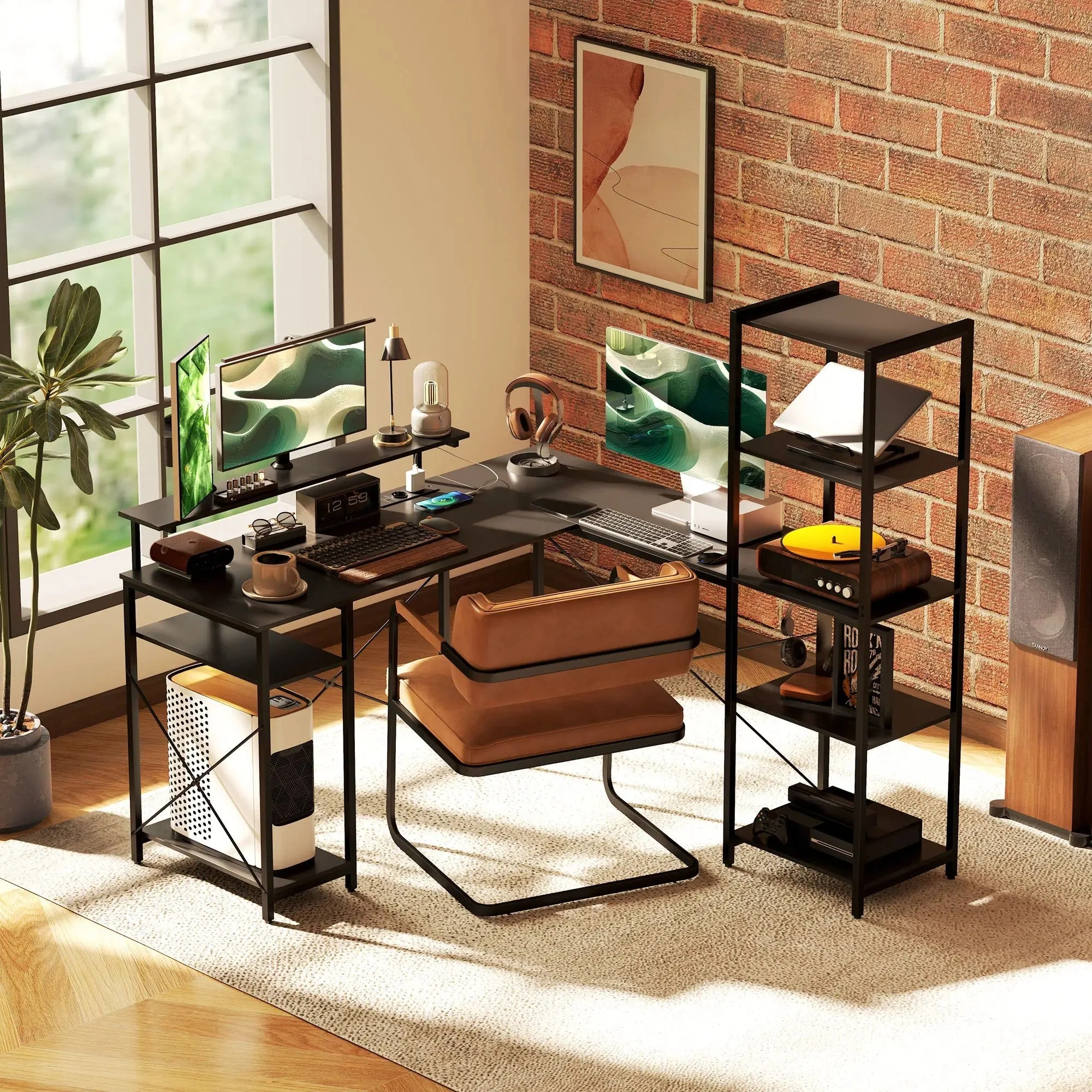 Desk L-Shaped Corner with 6 Shelves Monitor Stand USB Power Outlet, Black - Image 7