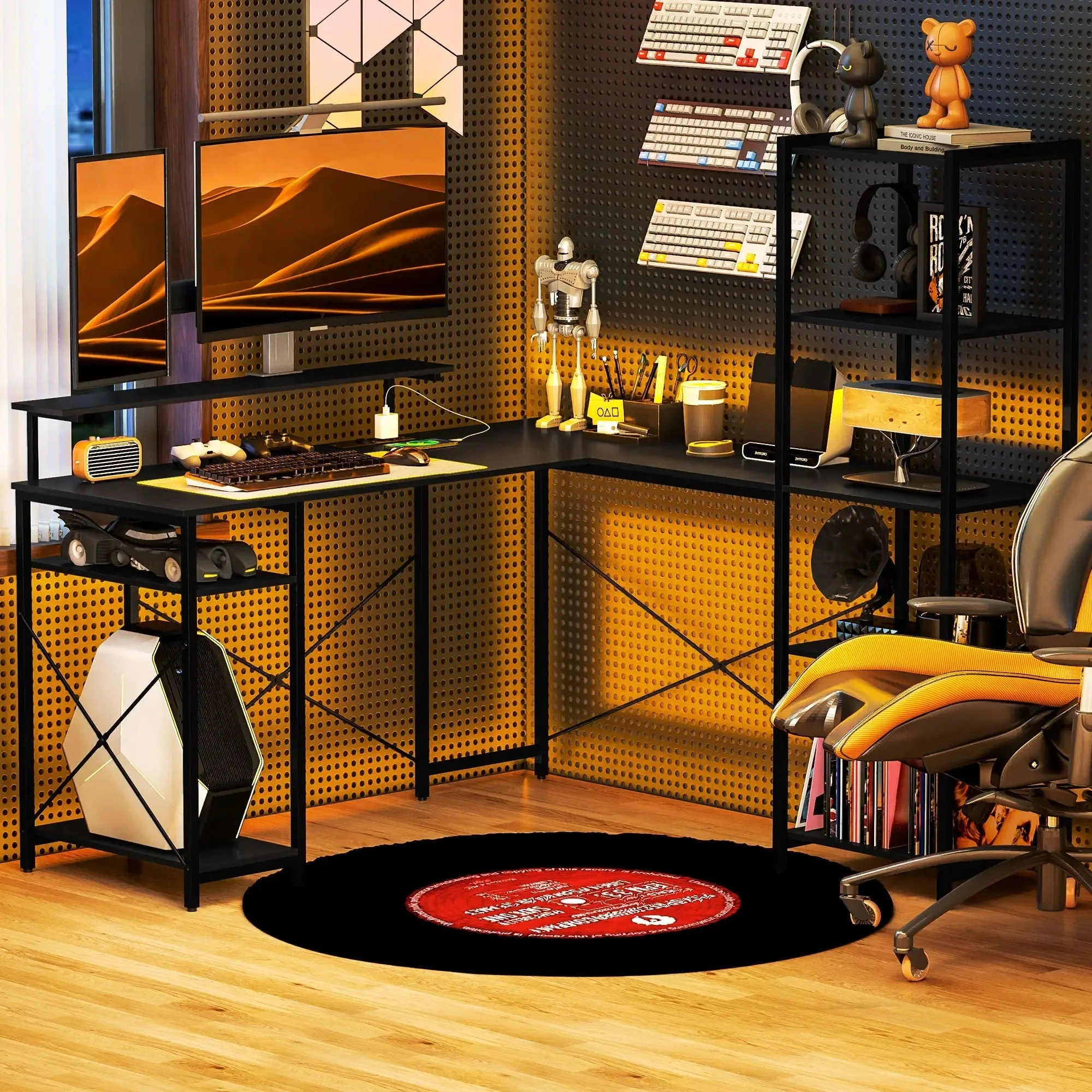 Desk L-Shaped Corner with 6 Shelves Monitor Stand USB Power Outlet, Black - Image 8