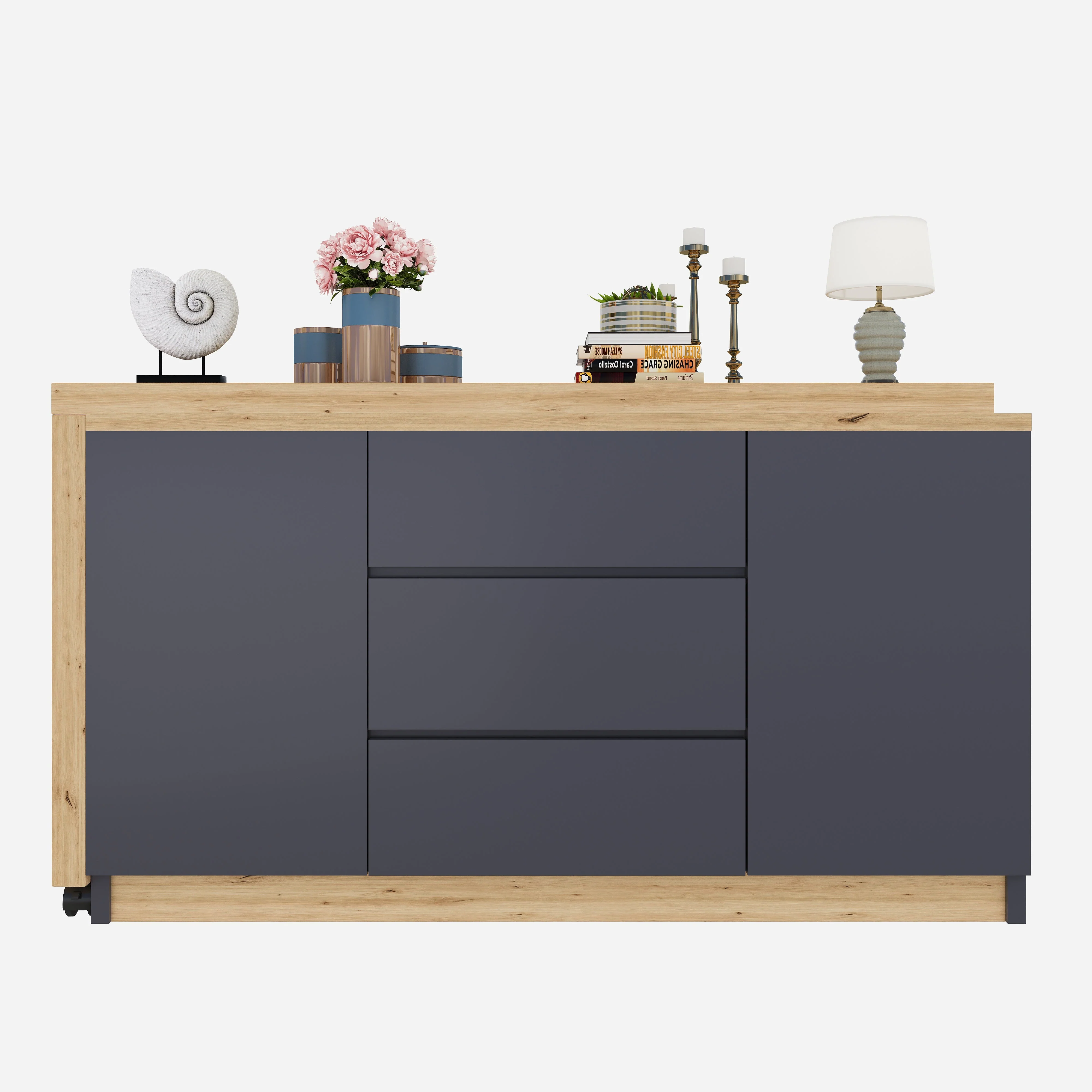 Desk Multifunctional Rotating Foldable Corner Sideboard with Lockable Casters, Grey/Oak