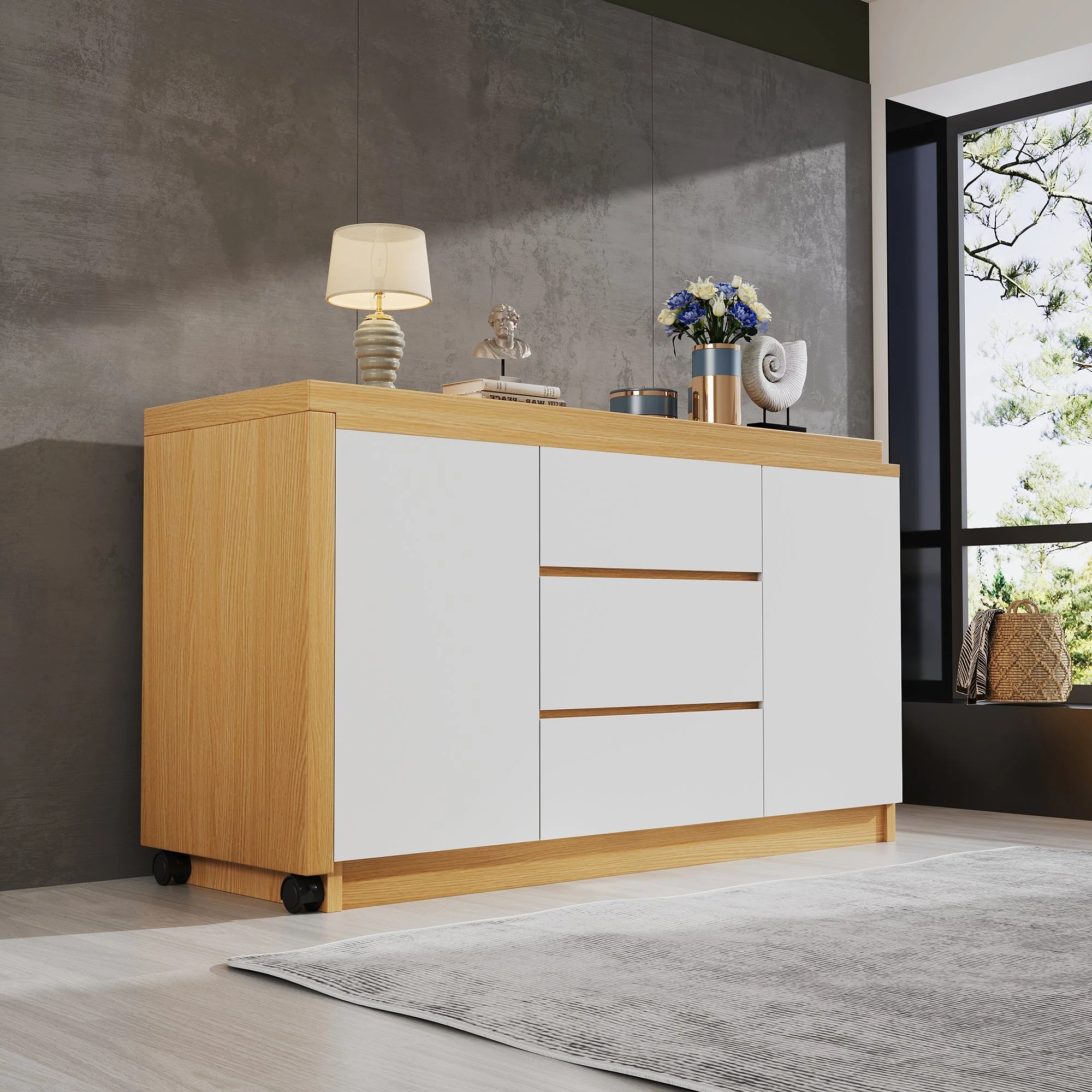 Desk, Multifunctional Rotating, Lockable Casters, White/Oak - Image 2