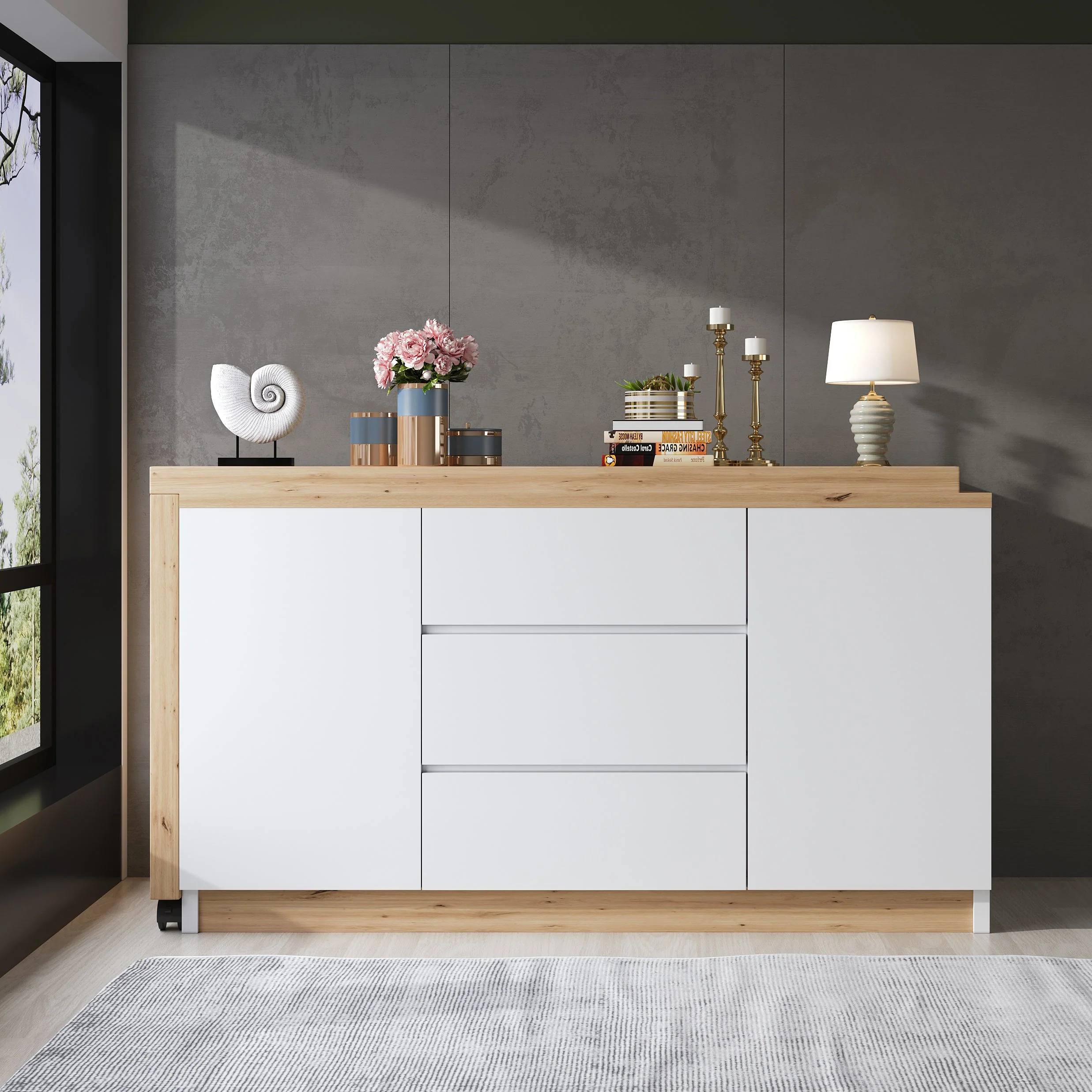 Desk, Multifunctional Rotating Tabletop, Foldable, Corner, White/Oak - Image 2