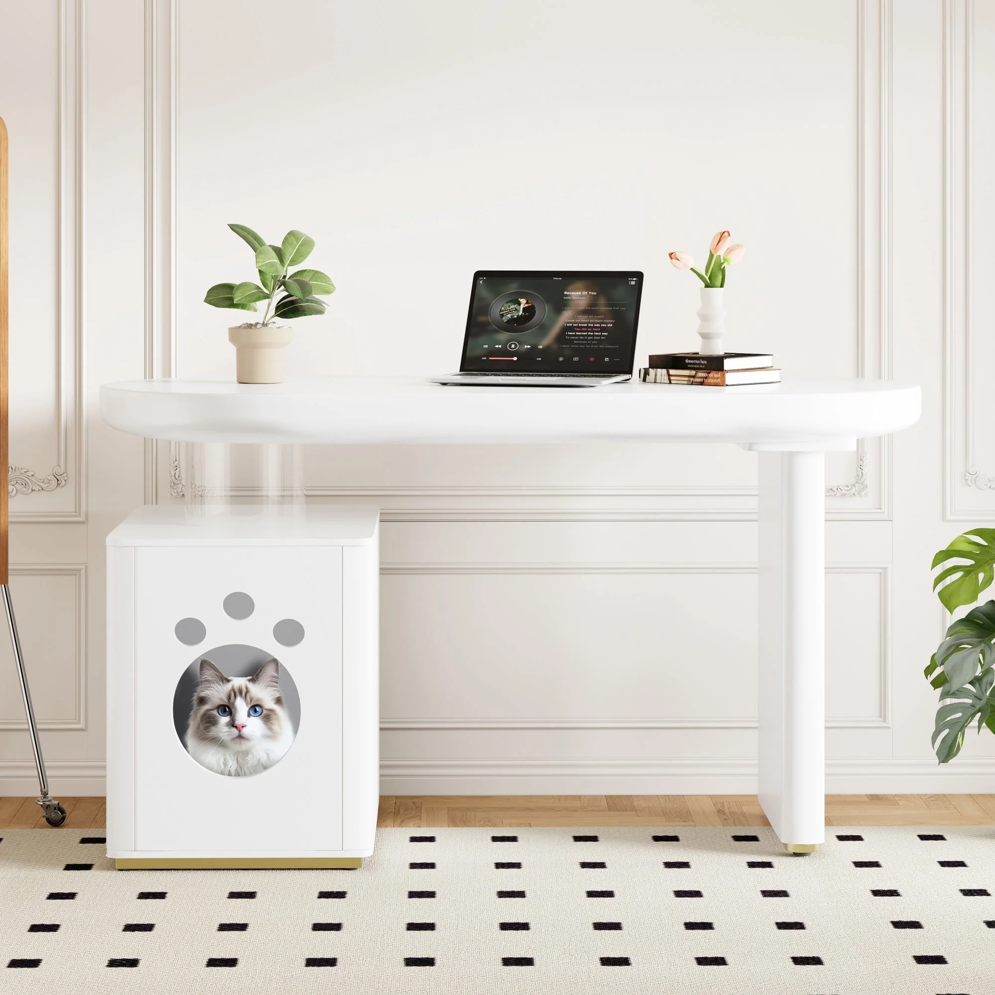 Desk with Pet Bed – 117x50x76 cm, Lacquered, Stable, White French Style - Image 2