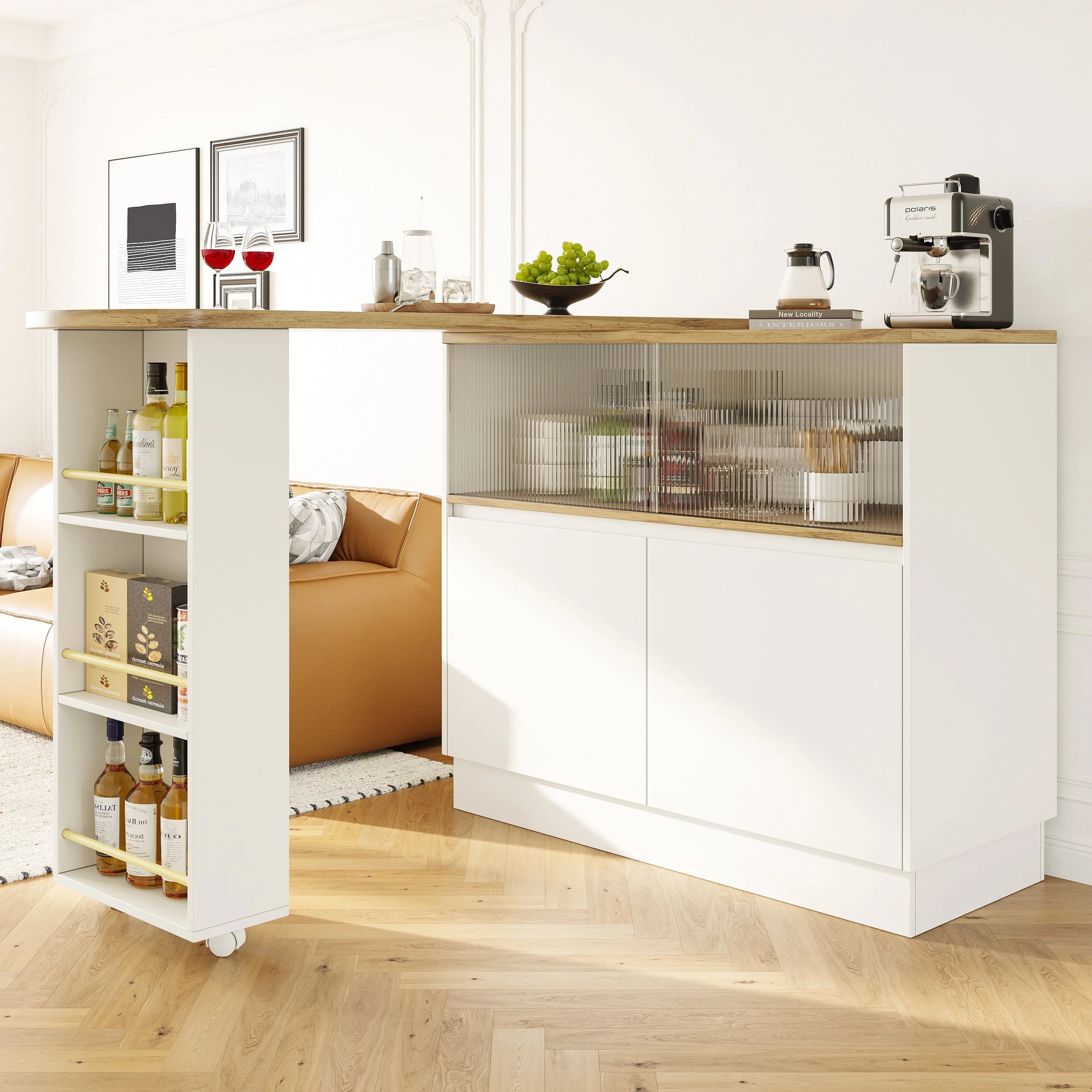Dining Bar 360° Rotating Multifunctional Sideboard Shelves & Glass - Image 3