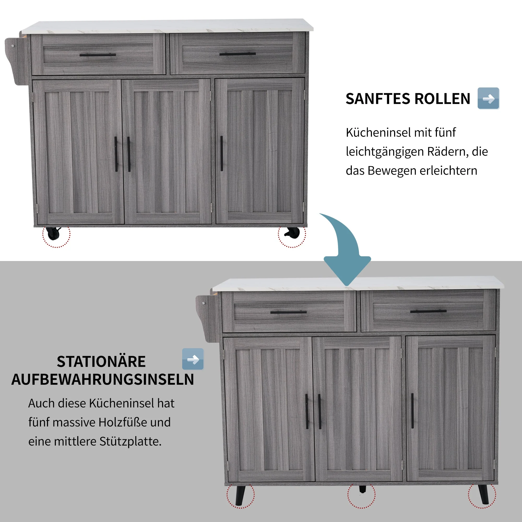 Dining Cart Kitchen Island Folding Table 5 Wheels Storage 2 Drawers - White/Khaki Grey - Image 3