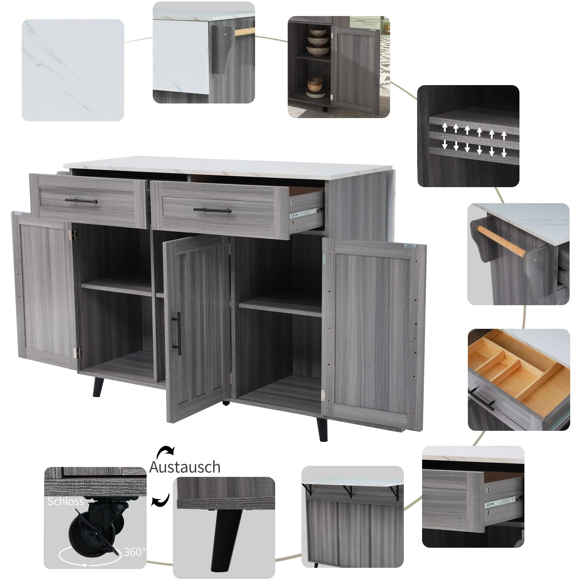 Dining Cart Kitchen Island Folding Table 5 Wheels Storage 2 Drawers - White/Khaki Grey - Image 6