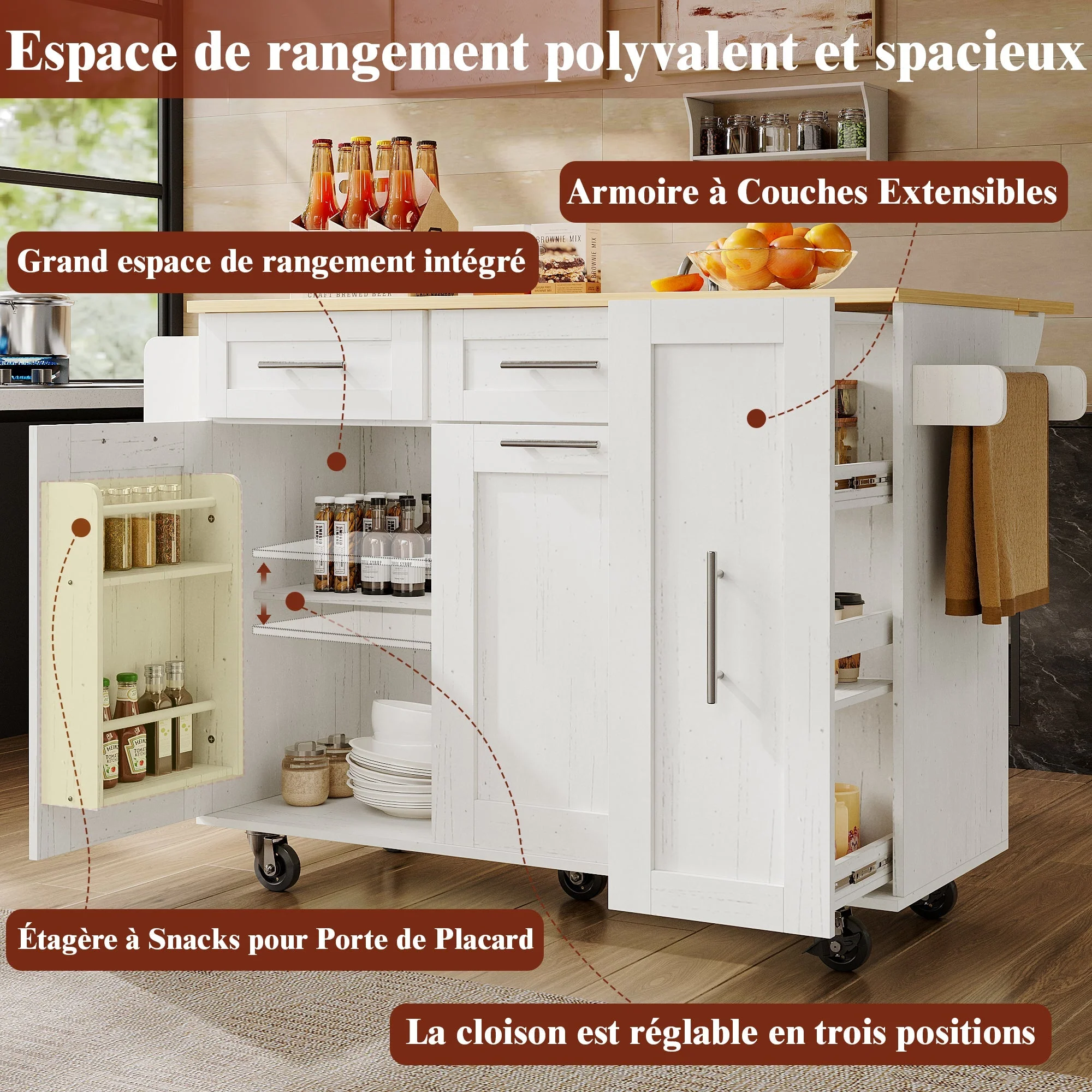 Dining Cart Kitchen Island - Multifunctional Extendable Table Storage - White Wood Grain - Image 10