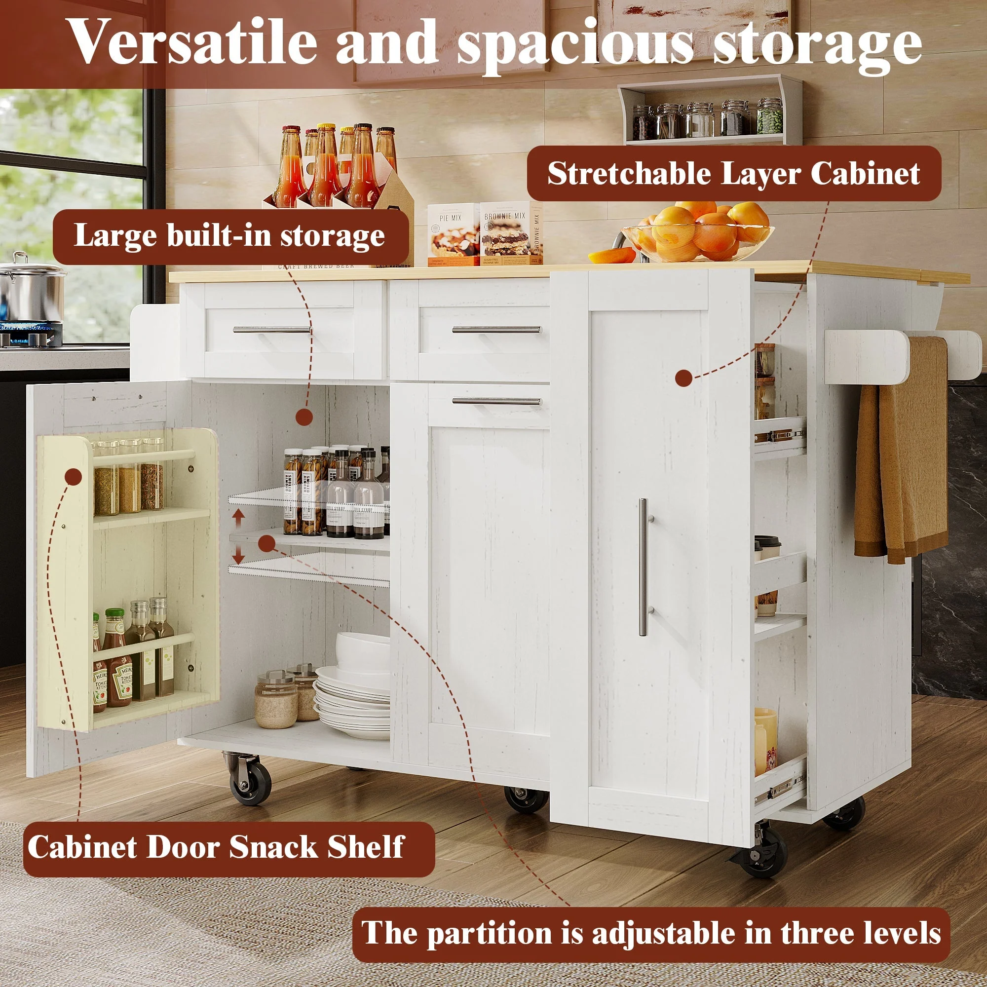 Dining Cart Kitchen Island - Multifunctional Extendable Table Storage - White Wood Grain - Image 5