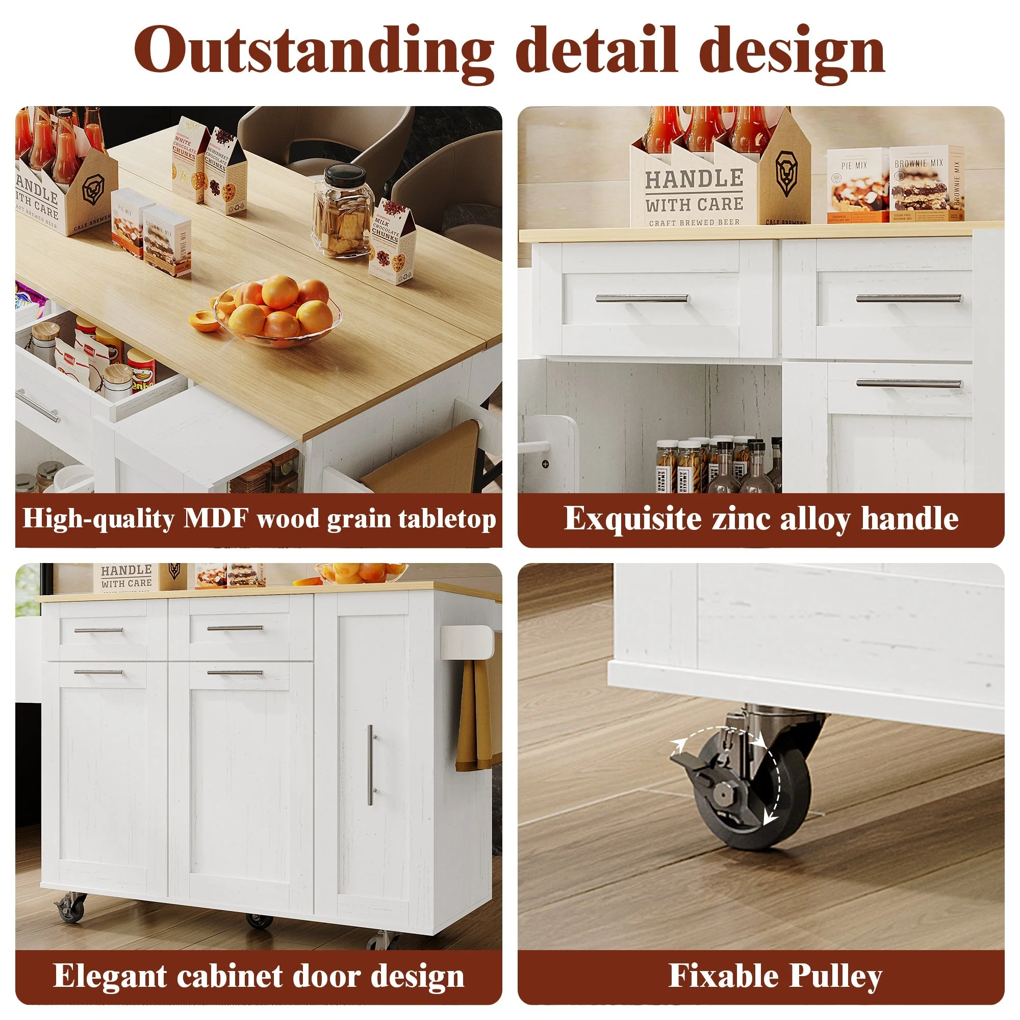 Dining Cart Kitchen Island - Multifunctional Extendable Table Storage - White Wood Grain - Image 6