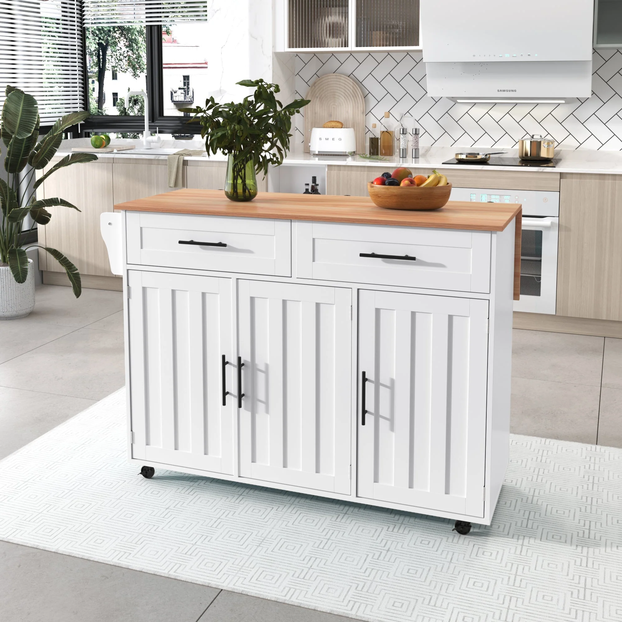 Dining Cart Sideboard 129cm Folding Worktop Storage Cabinet Wheels Reversible Feet - Wood Grain & White - Image 3
