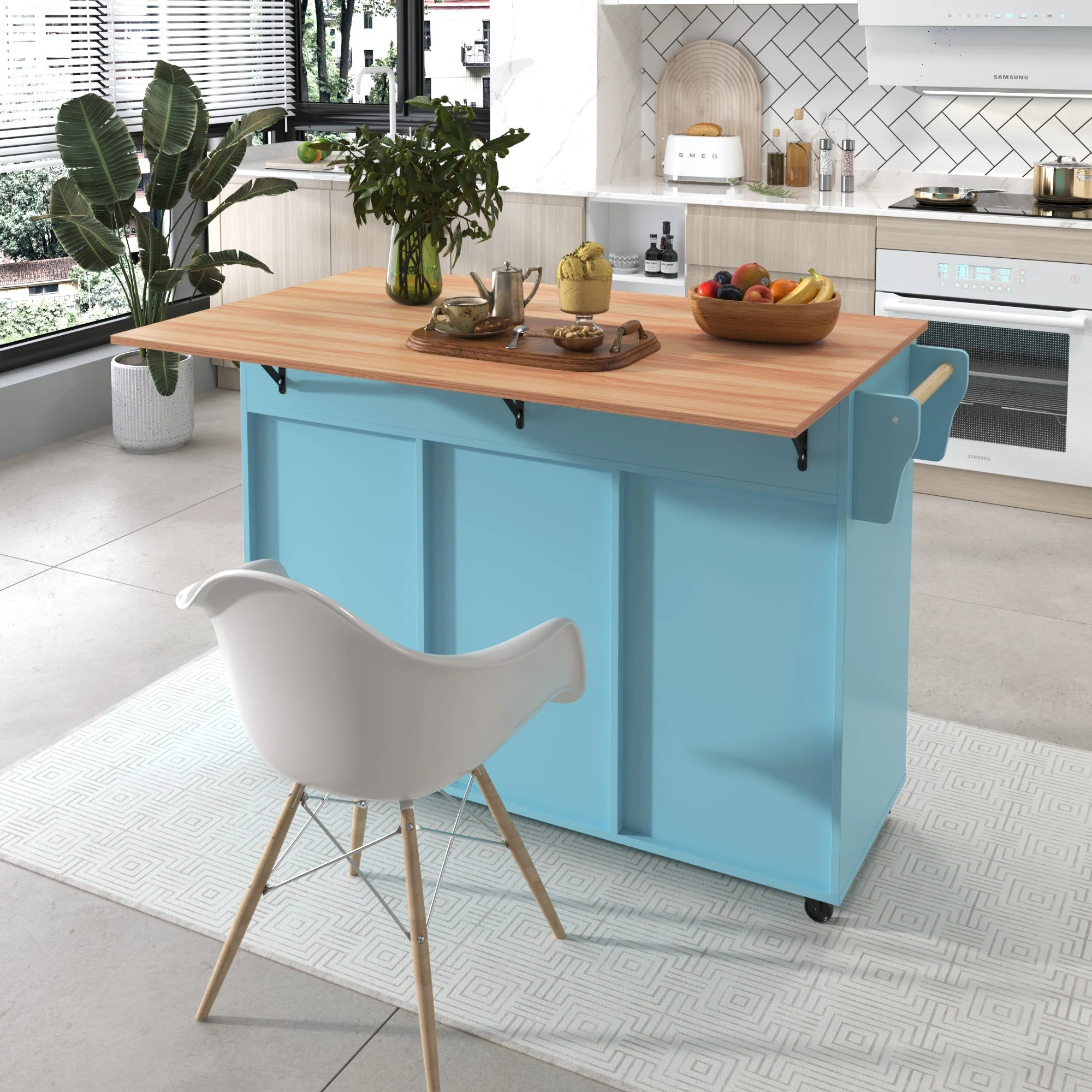 Dining Cart Sideboard Extendable Folding Worktop Storage Wheels - Blue/Wood Grain - Image 9