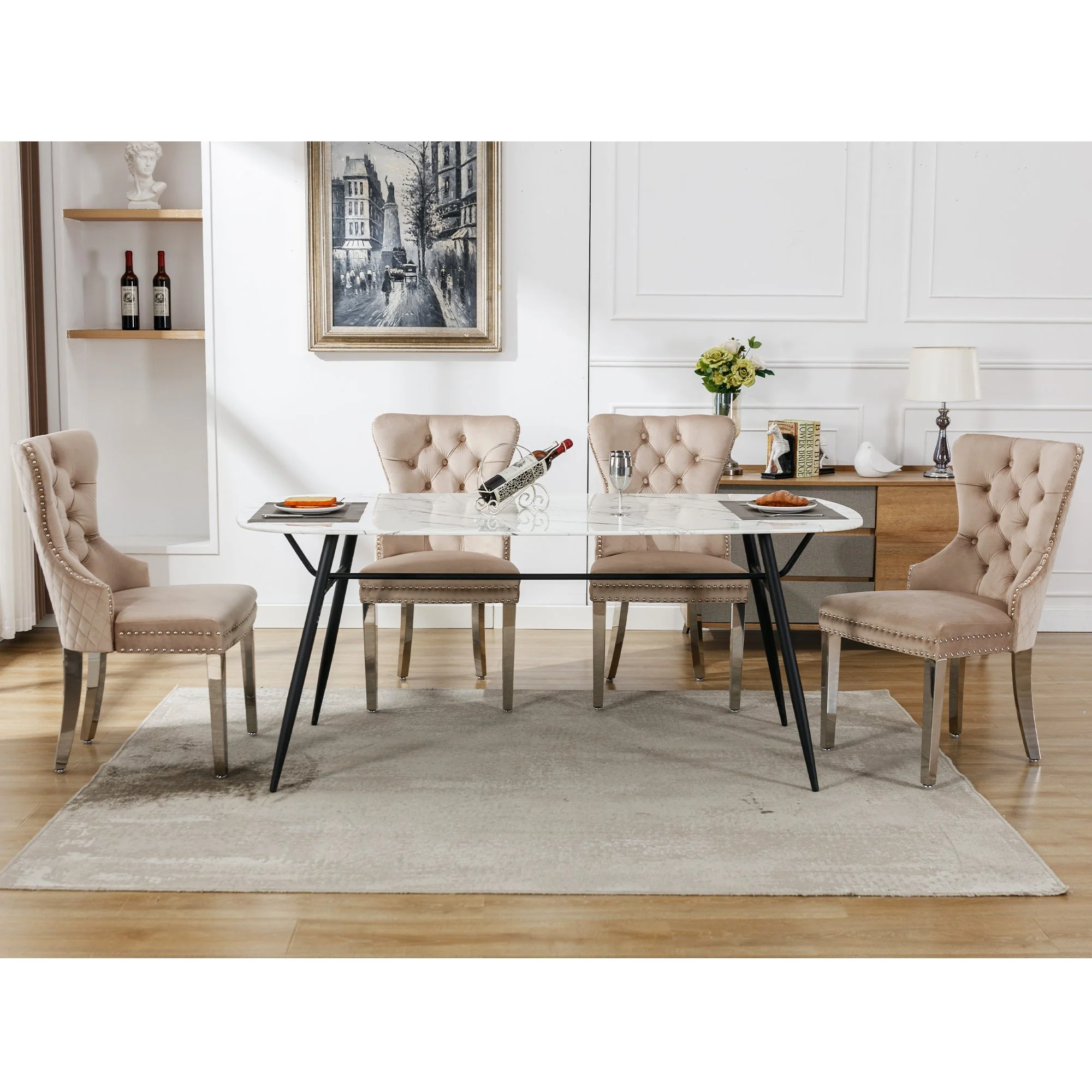 Dining Chair 4-Piece Set Upholstered Door Knocker Nailhead Trim Metal Legs Beige Velvet