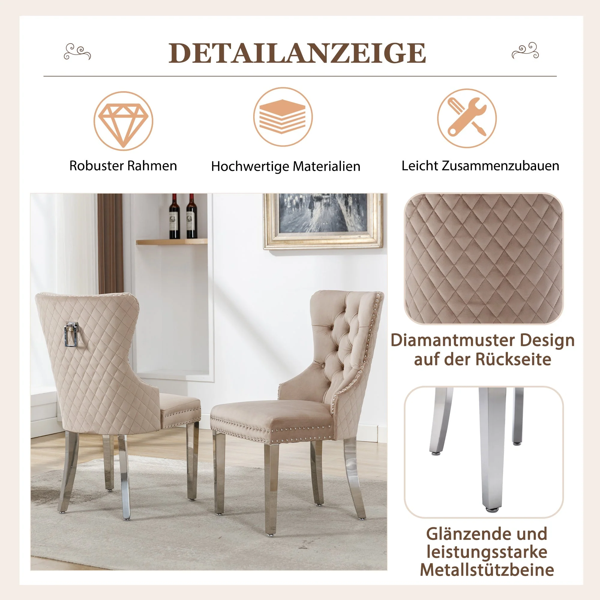 Dining Chair 4-Piece Set Upholstered Door Knocker Nailhead Trim Metal Legs Beige Velvet - Image 10