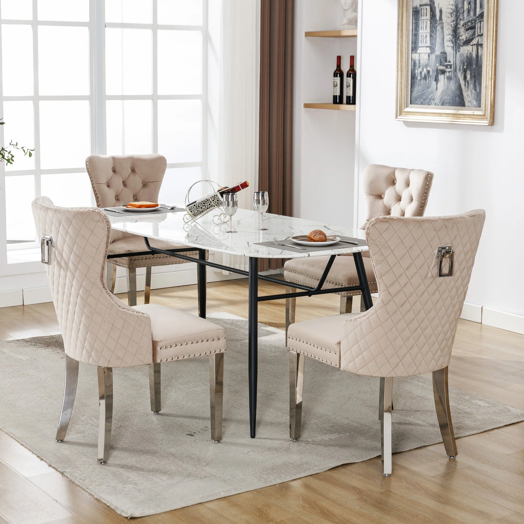 Dining Chair 4-Piece Set Upholstered Door Knocker Nailhead Trim Metal Legs Beige Velvet - Image 2