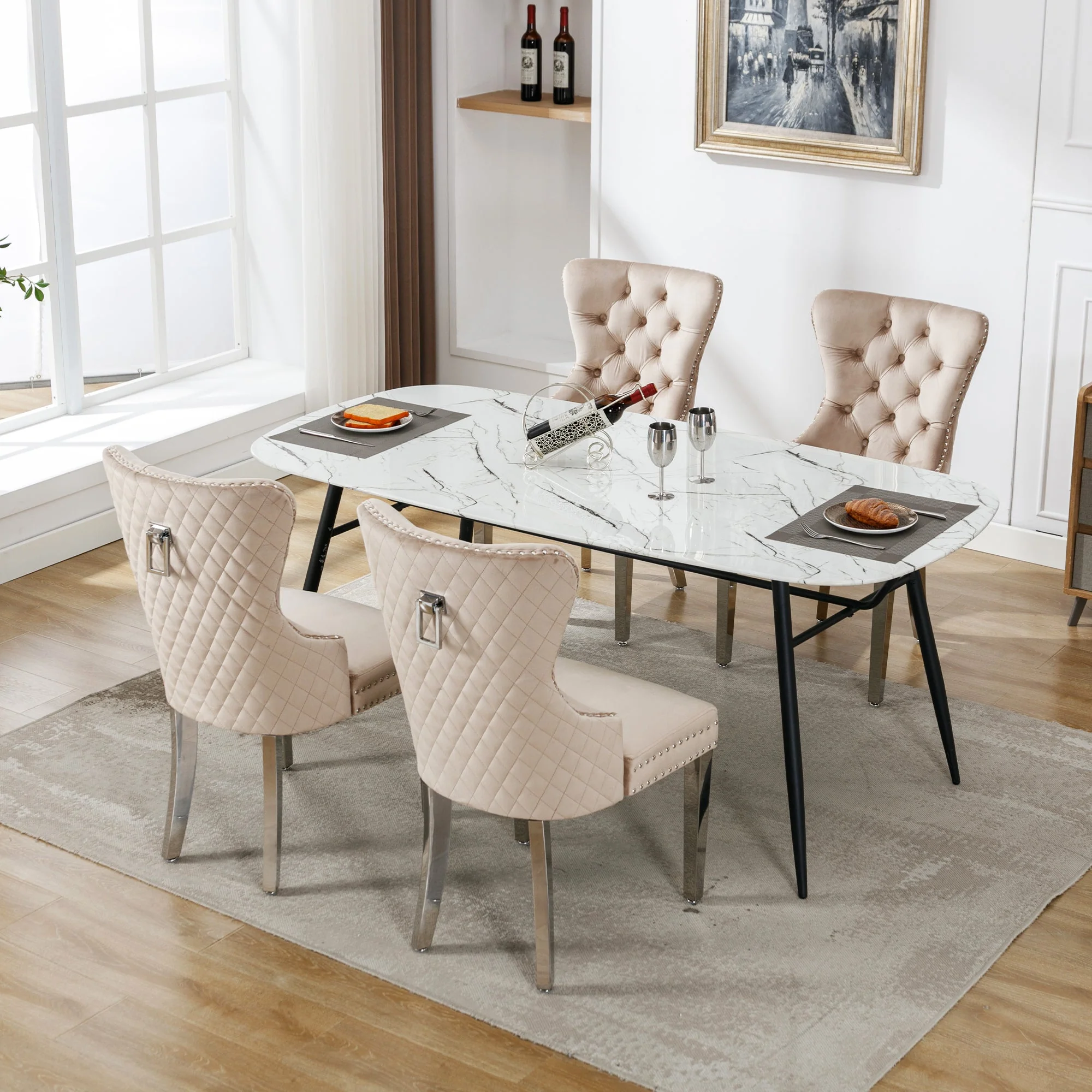 Dining Chair 4-Piece Set Upholstered Door Knocker Nailhead Trim Metal Legs Beige Velvet - Image 5