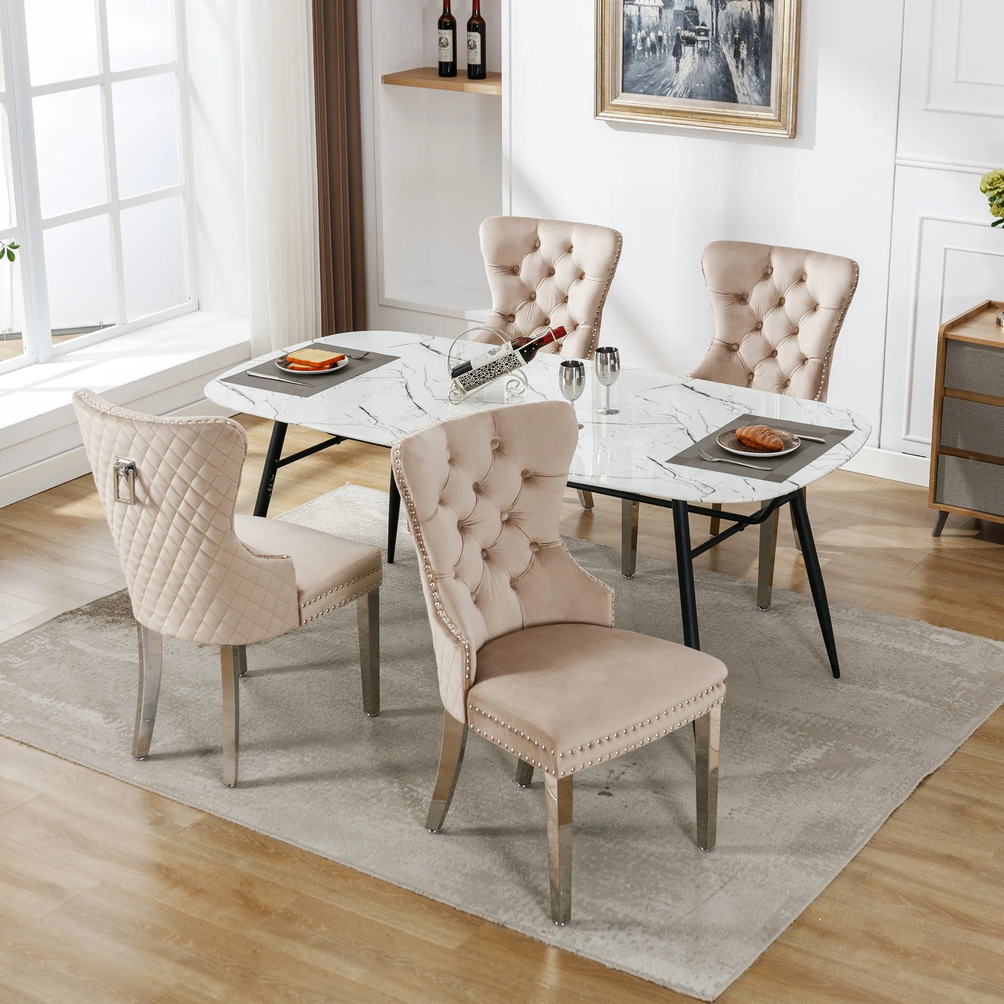 Dining Chair 4-Piece Set Upholstered Door Knocker Nailhead Trim Metal Legs Beige Velvet - Image 6