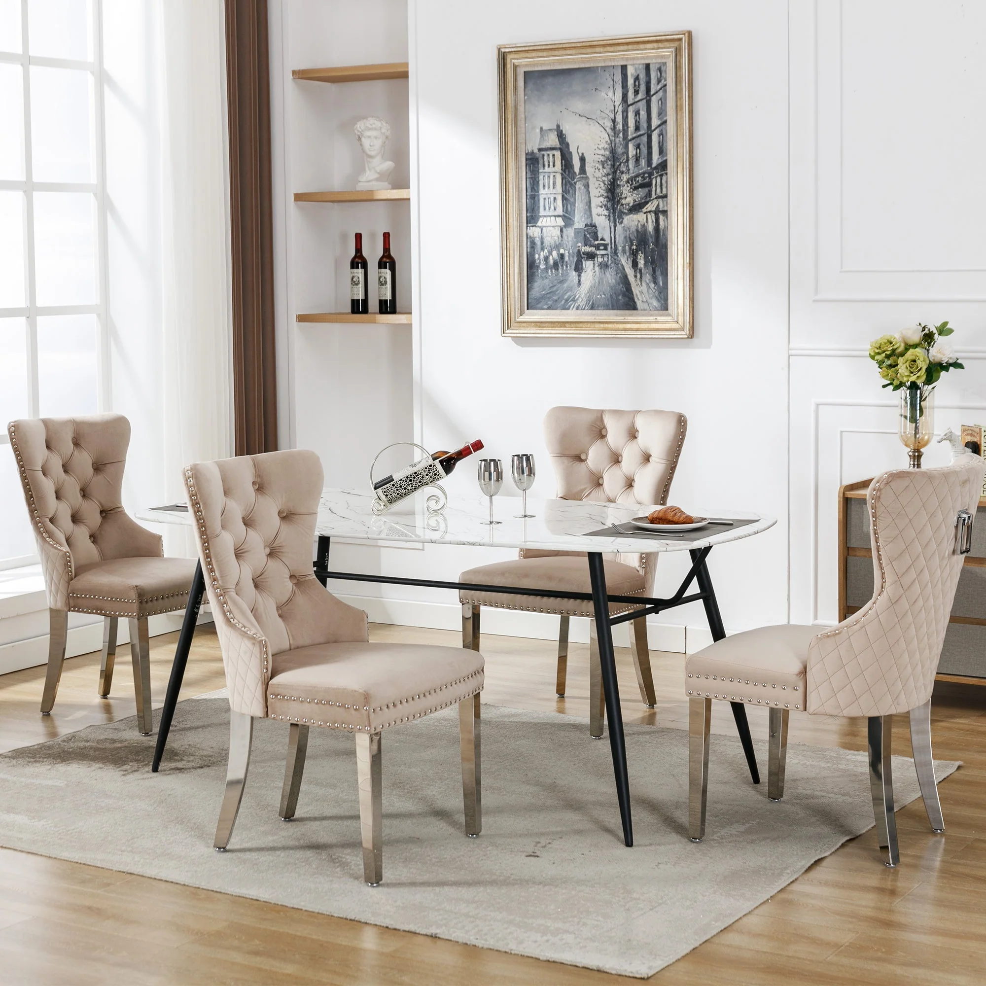 Dining Chair 4-Piece Set Upholstered Door Knocker Nailhead Trim Metal Legs Beige Velvet - Image 7