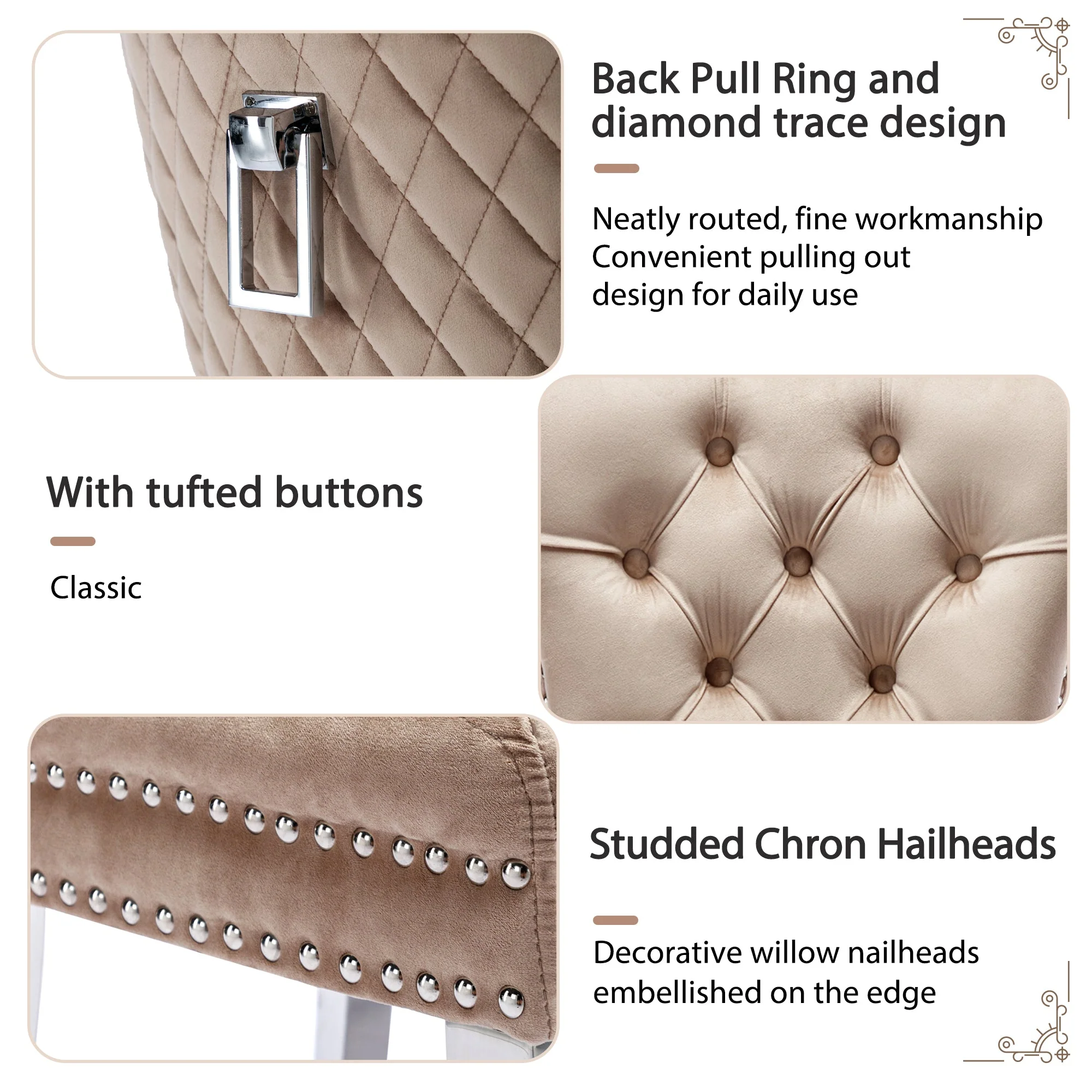 Dining Chair 4-Piece Set Upholstered Door Knocker Nailhead Trim Metal Legs Beige Velvet - Image 9