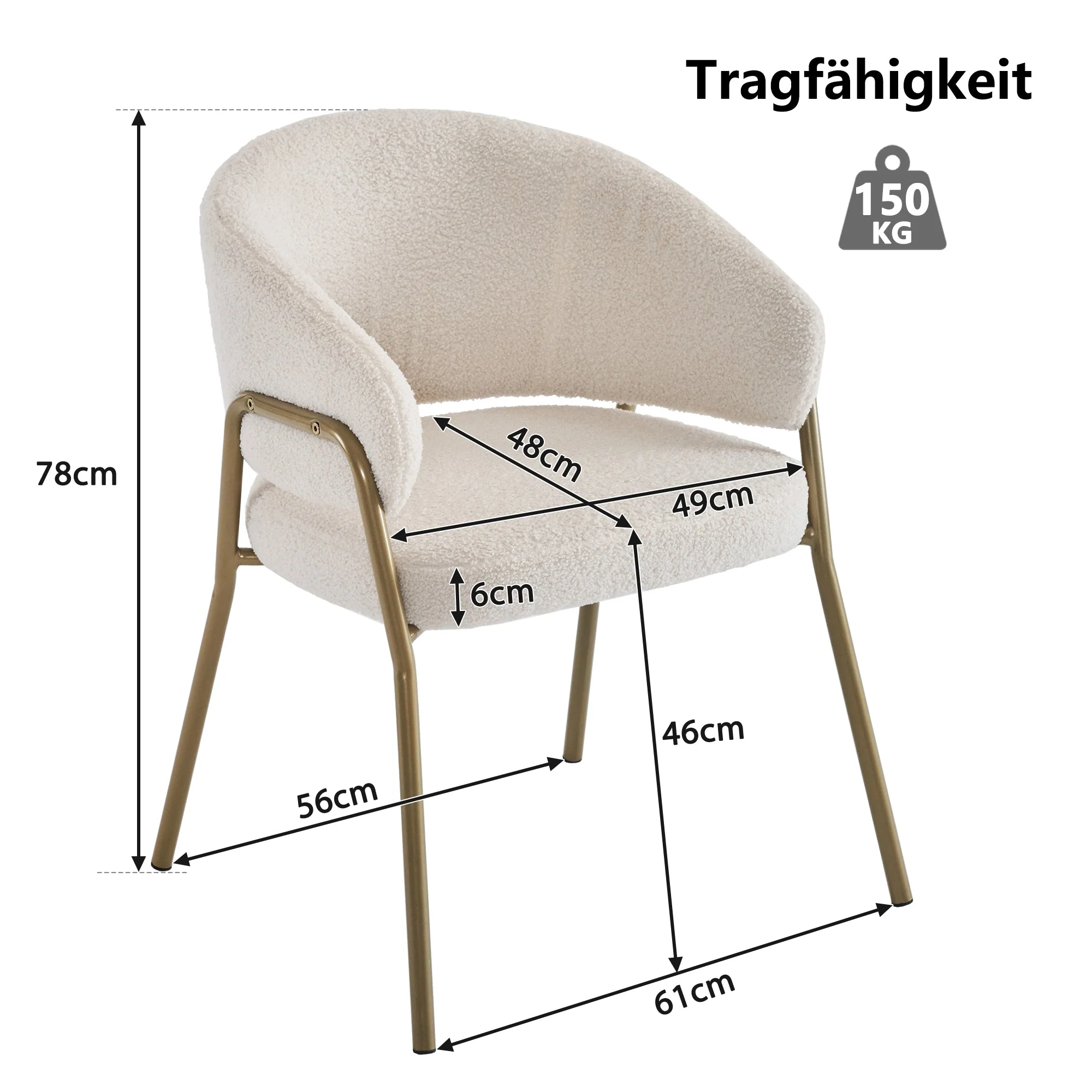 Dining Chair Modern Lambskin Velvet Golden Legs (1 pc) White/Gold - Image 7