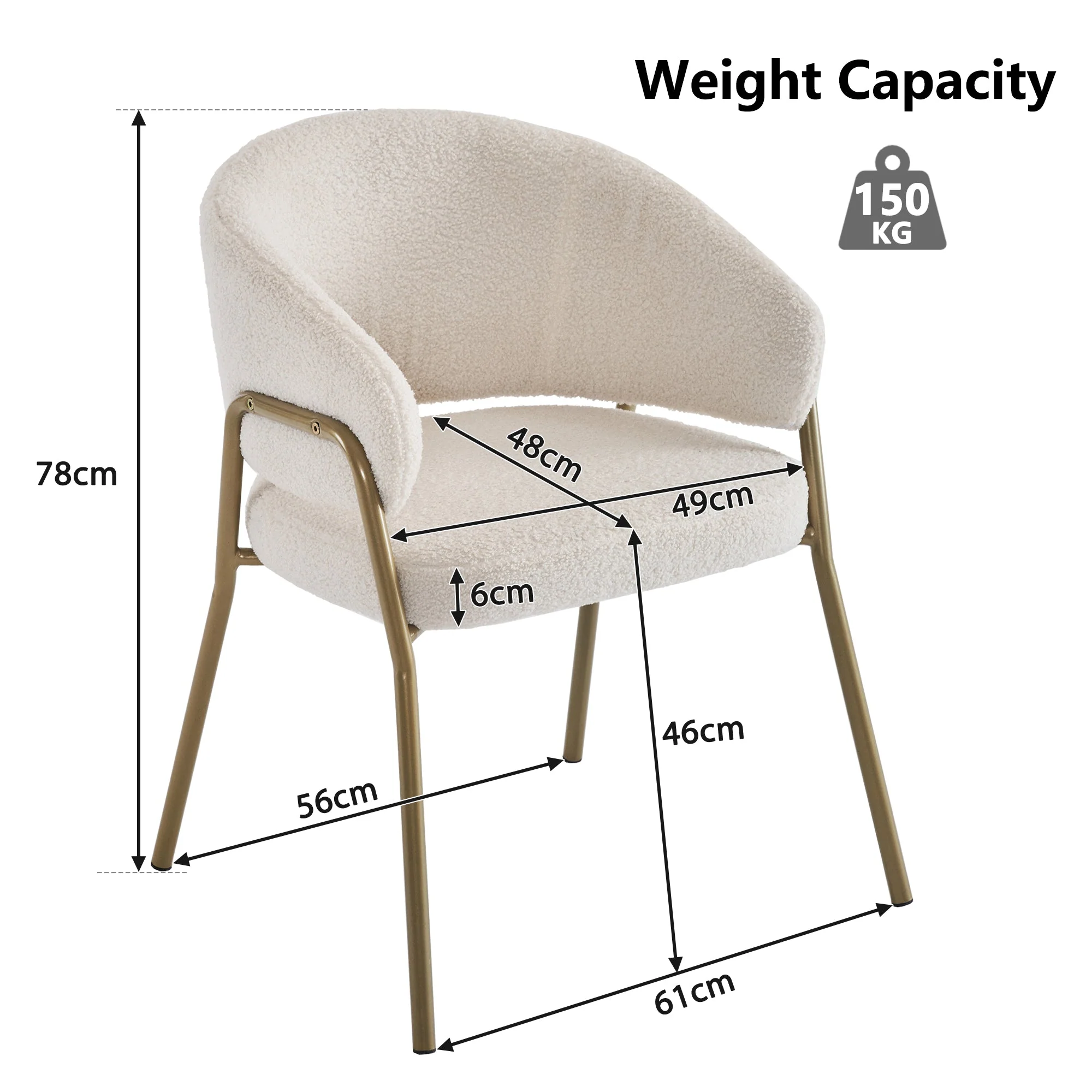 Dining Chair Modern Lambskin Velvet Golden Legs (1 pc) White/Gold - Image 8