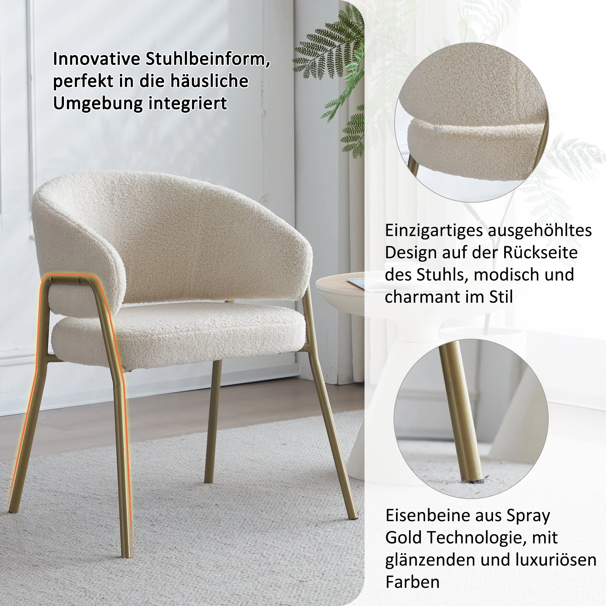 Dining Chair Modern Lambskin Velvet Golden Legs (1 pc) White/Gold - Image 9