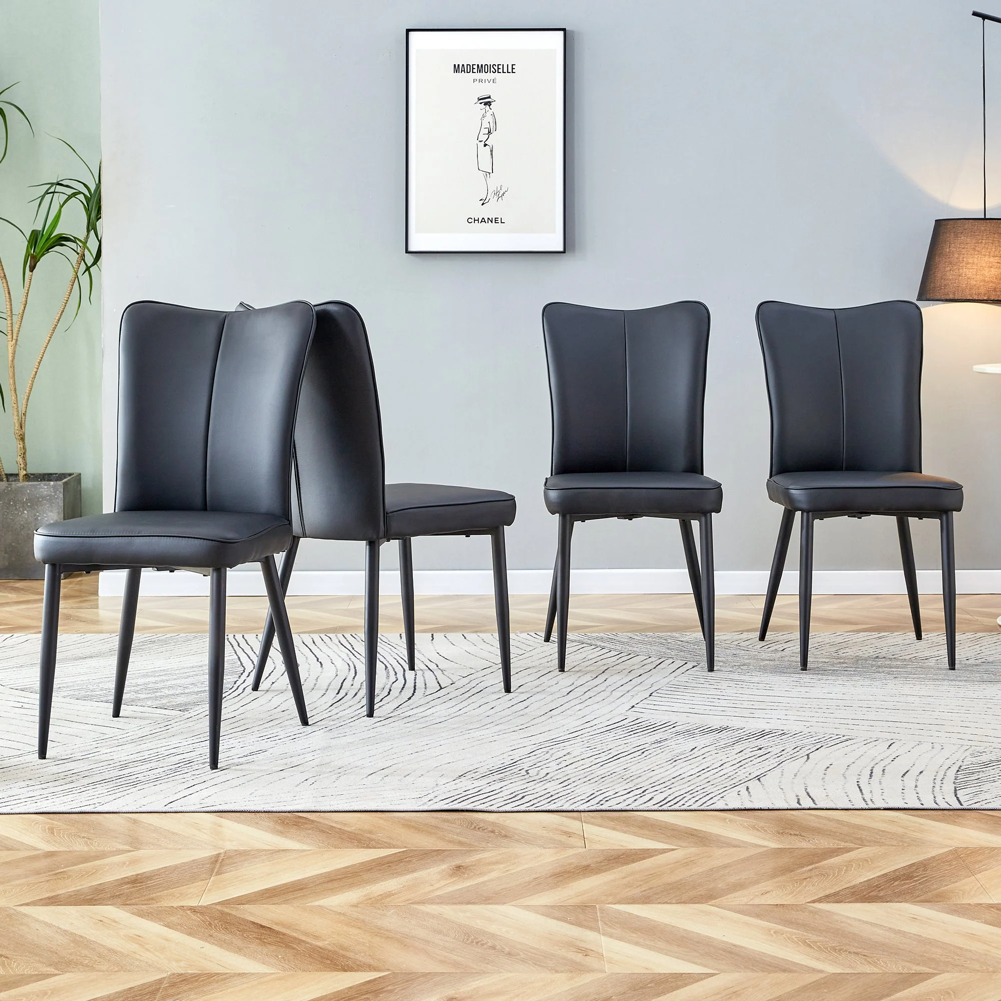 Dining Chair Modern Minimalist PU Leather Back Metal Legs - Black - Image 3