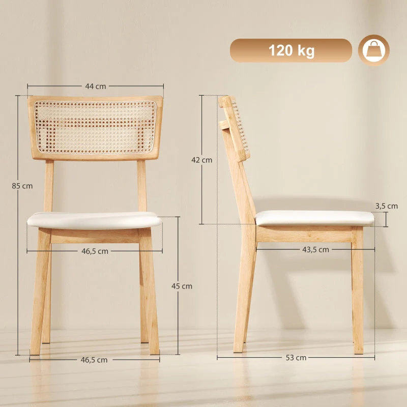 Dining Chair, Rattan Backrest, Faux Leather Seat, Rubber Wood, Natural Wood - Image 3