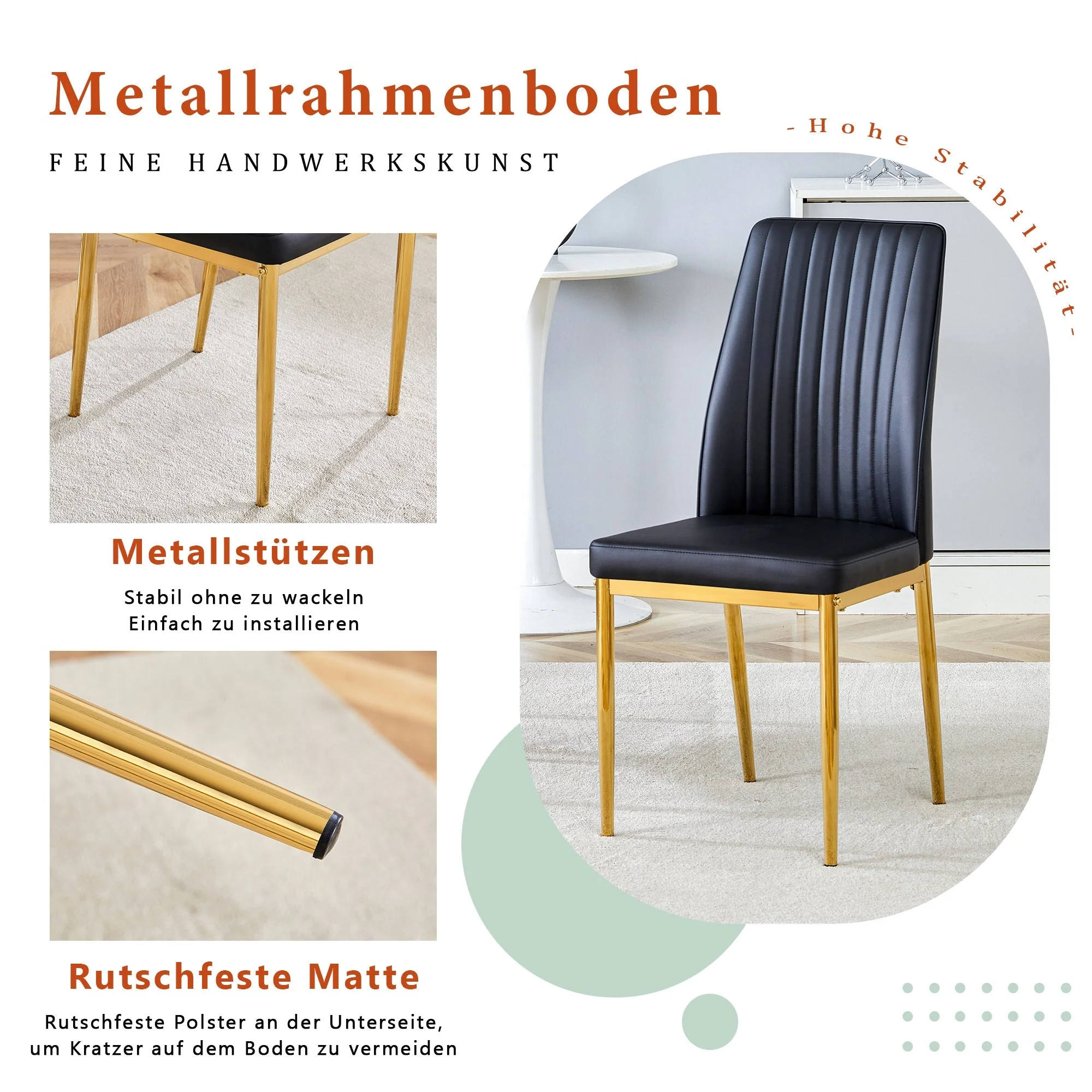 Dining Chair Set 4-Piece Golden Metal Legs PU Leather - Black - Image 7
