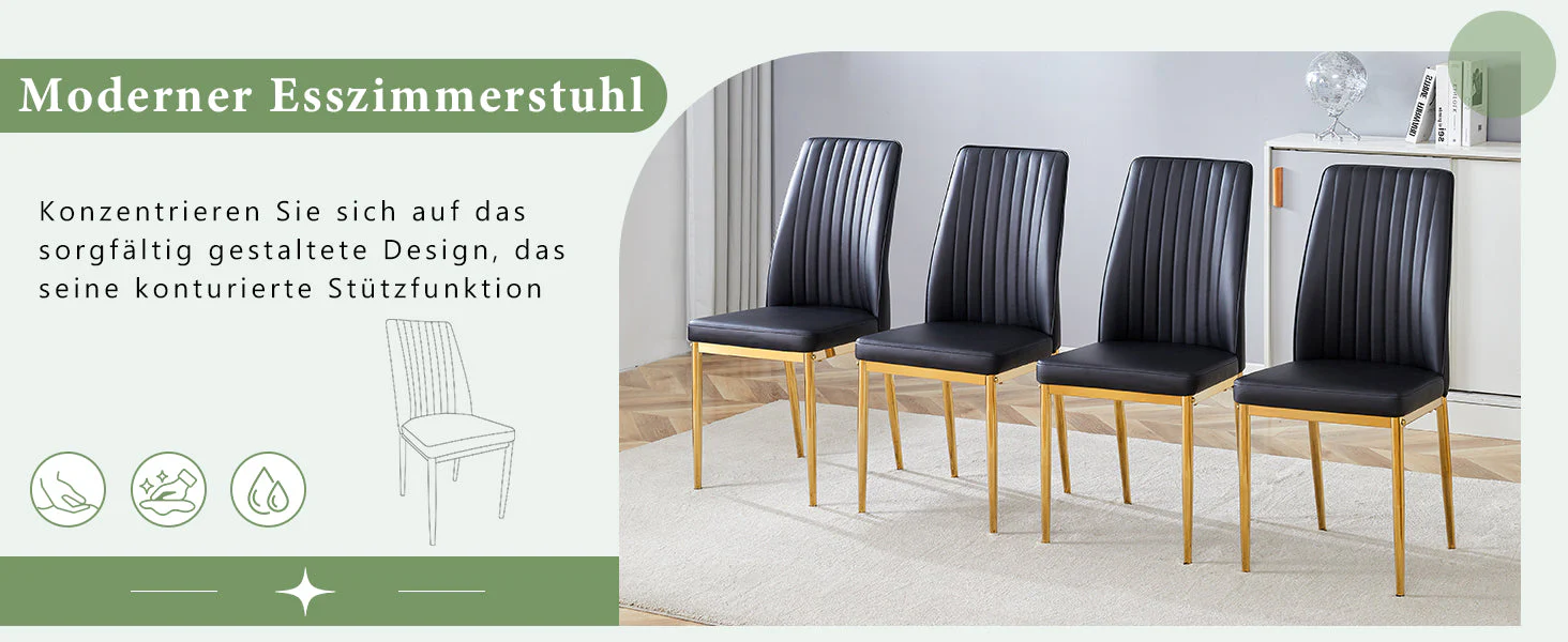 Dining Chair Set 4-Piece Golden Metal Legs PU Leather - Black - Image 9