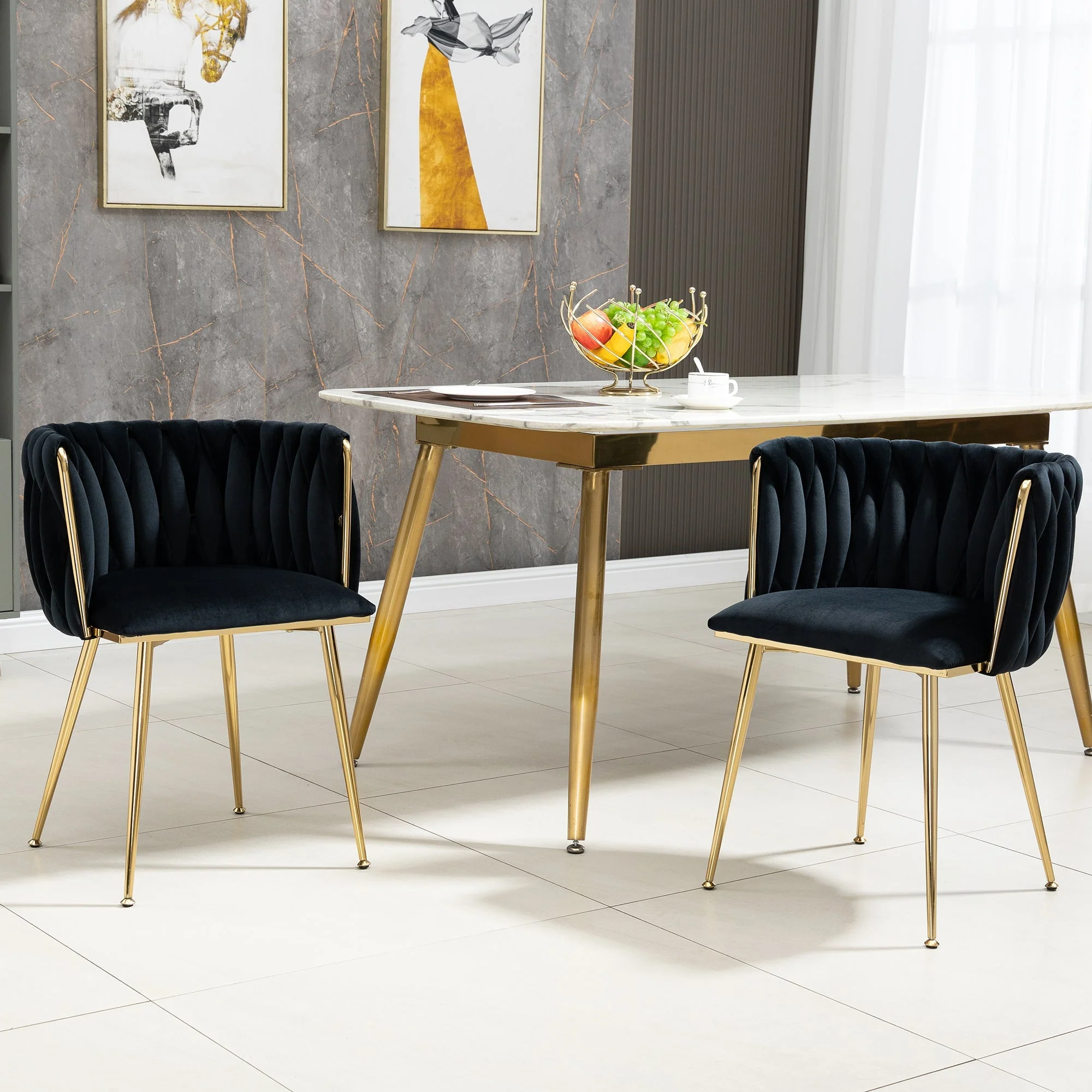 Dining Chair Set Modern Luxury Handwoven Gold Legs Soft Cushion Velvet (Set of 2)