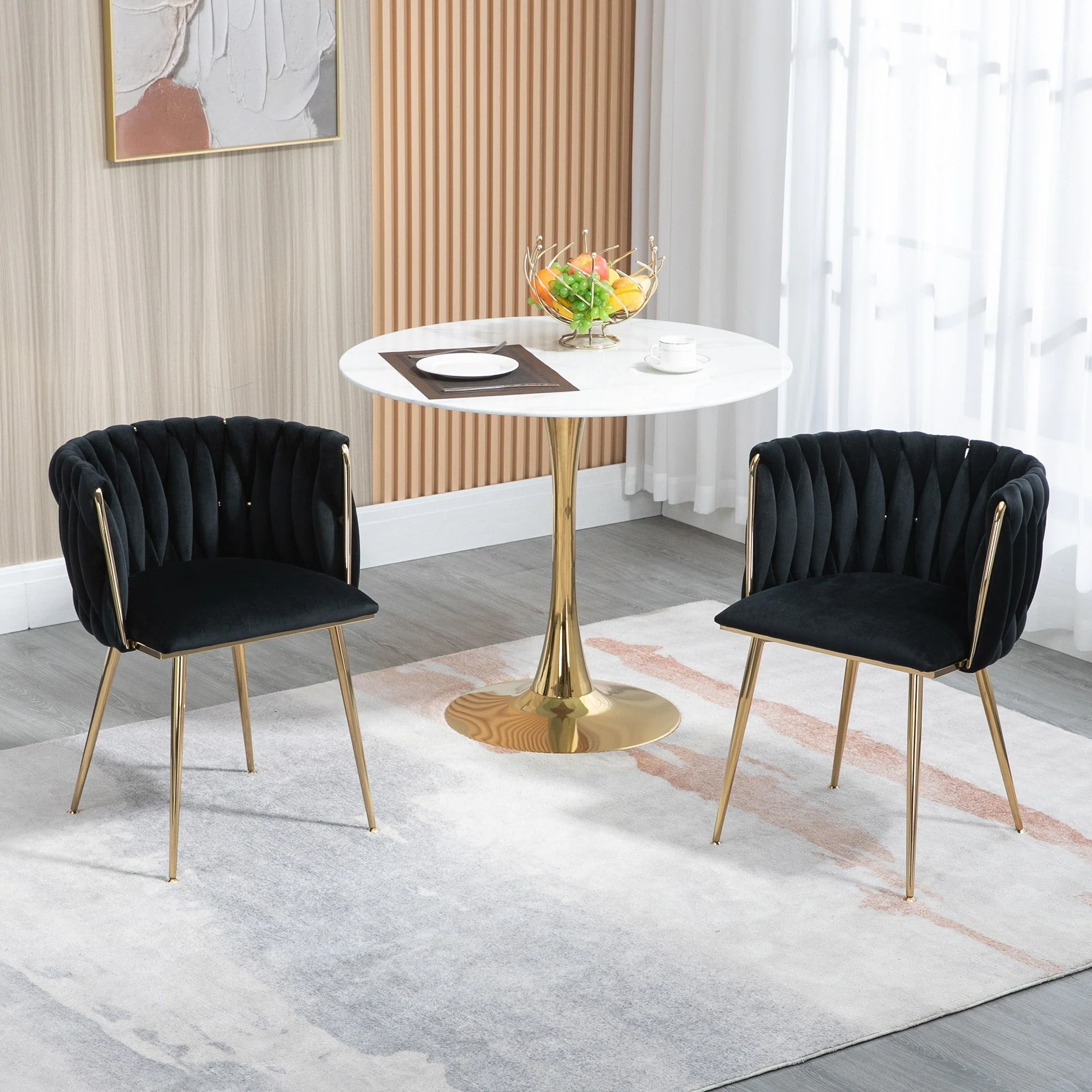Dining Chair Set Modern Luxury Handwoven Gold Legs Soft Cushion Velvet (Set of 2) - Image 3