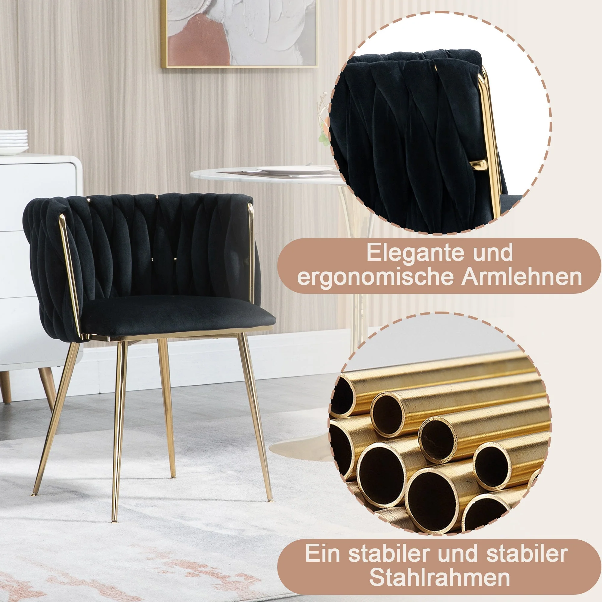 Dining Chair Set Modern Luxury Handwoven Gold Legs Soft Cushion Velvet (Set of 2) - Image 4