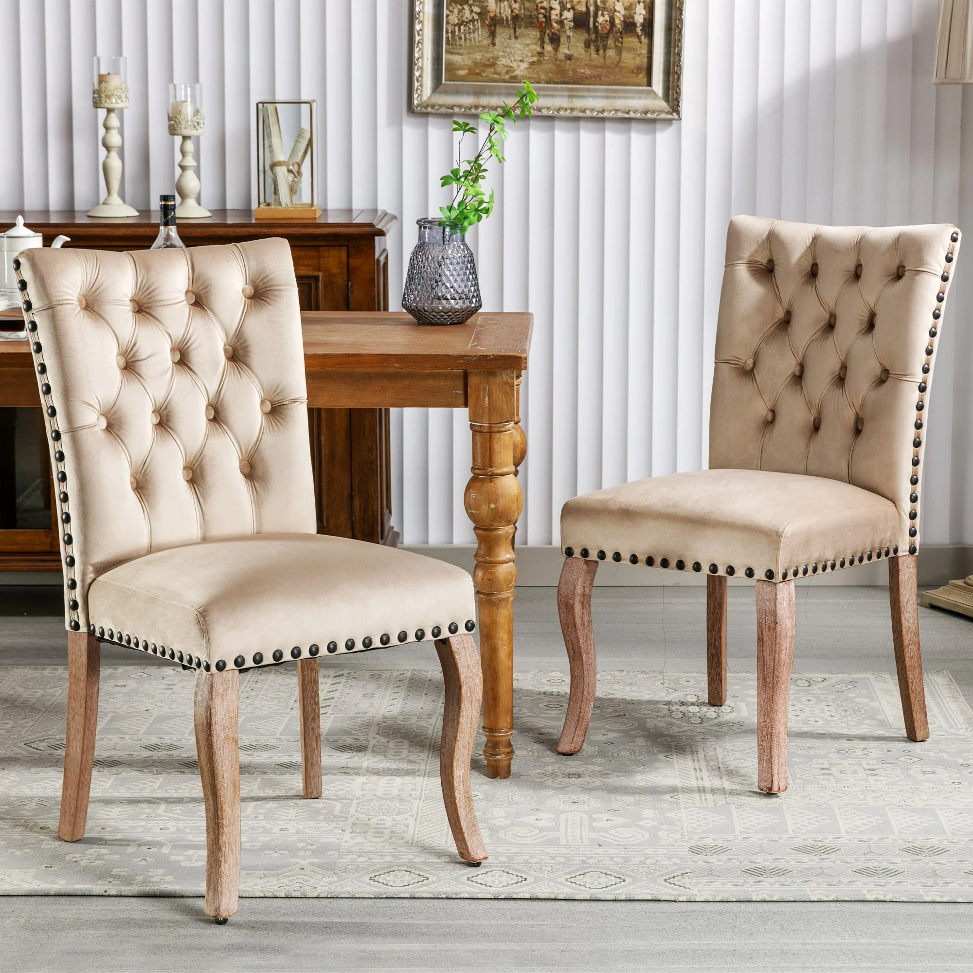 Dining Chair Set of 2 Door Knocker Back Nailhead Trim Light Camel Velvet - Image 6
