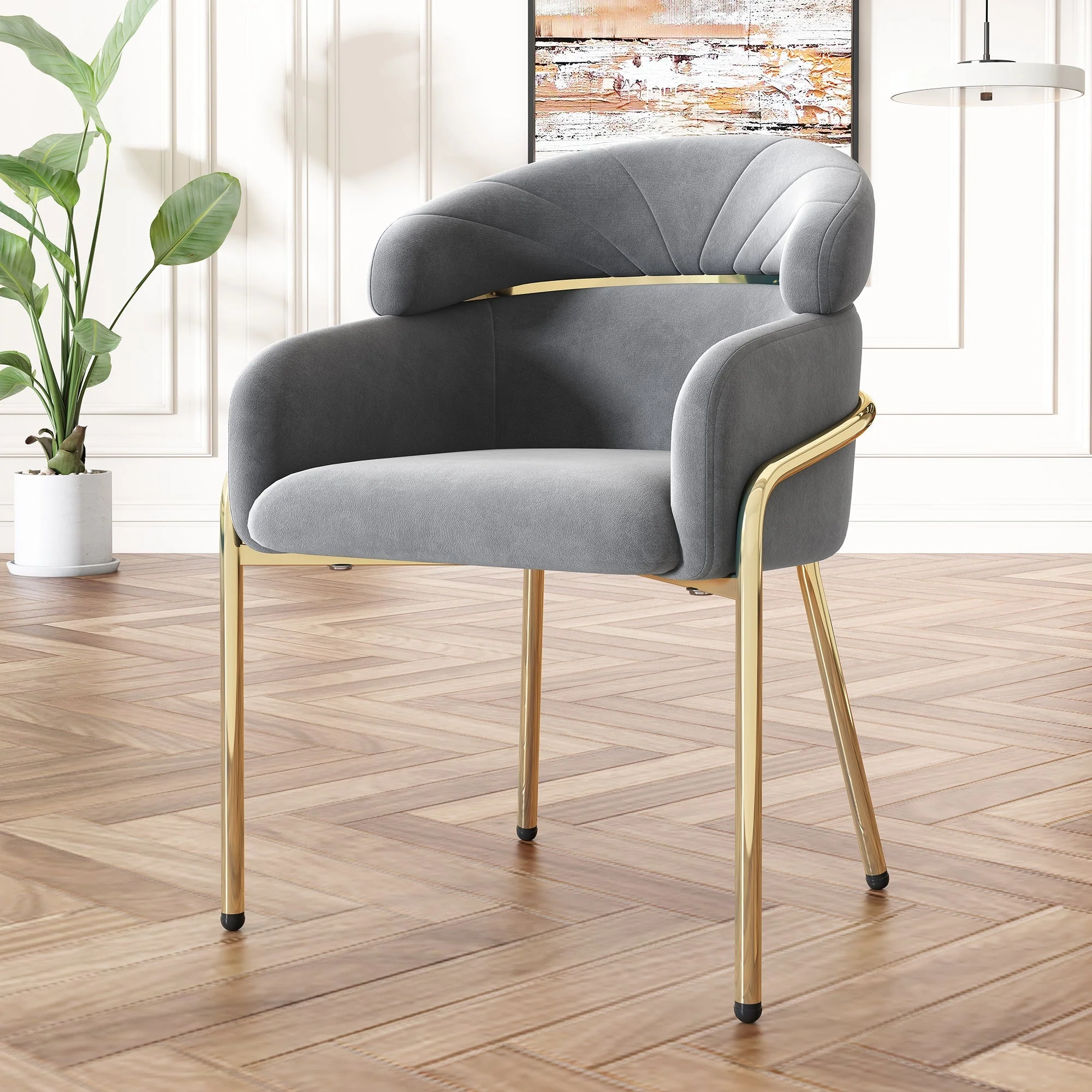 Dining Chair Set of 2, Leisure Chair with Metal Legs, Grey Velvet - Image 3
