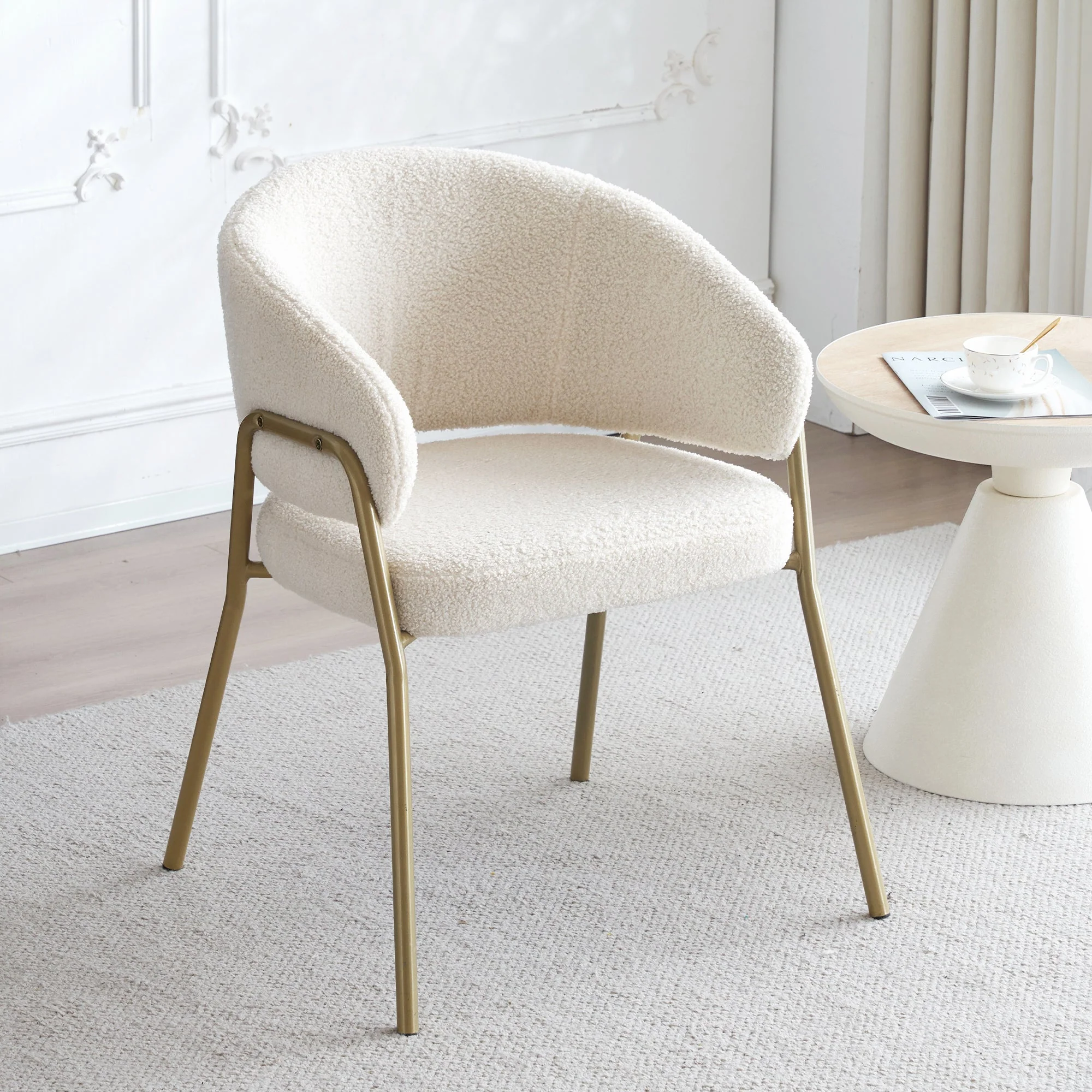 Dining Chair (Set of 2), Modern Lambskin Velvet with Golden Legs, White/Gold - Image 3