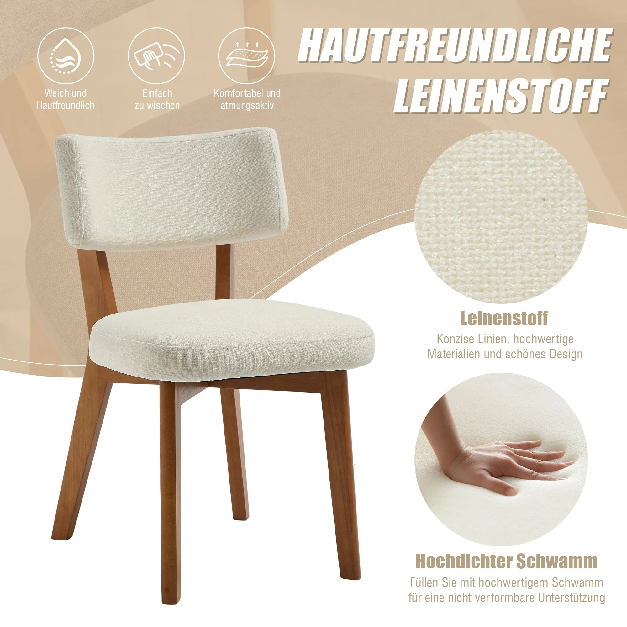 Dining Chair Set of 2, Modern Mid-Century Style Solid Wood Legs, Fabric Upholstered - Image 2