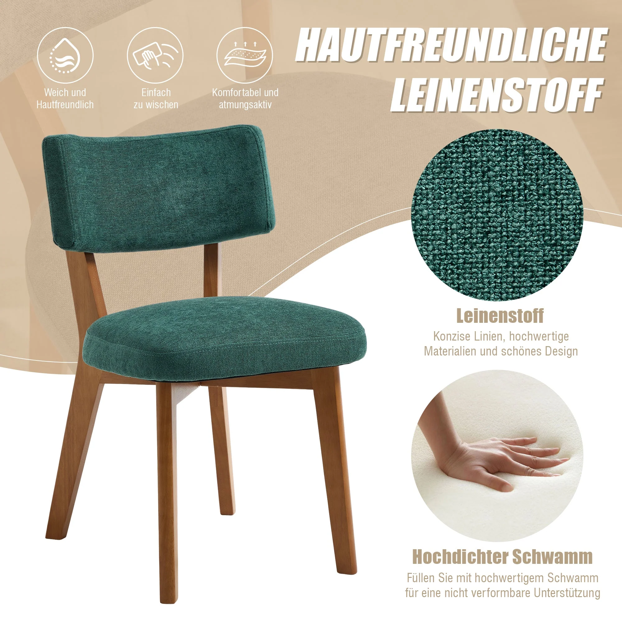 Dining Chair Set of 2, Modern Mid-Century Style Solid Wood Legs, Fabric Upholstered - Image 9