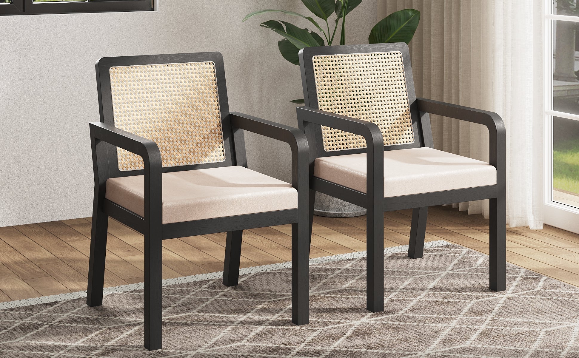 Dining Chair Set of 2 Rattan Backrest Rubberwood Legs - Velour Fabric - Image 2