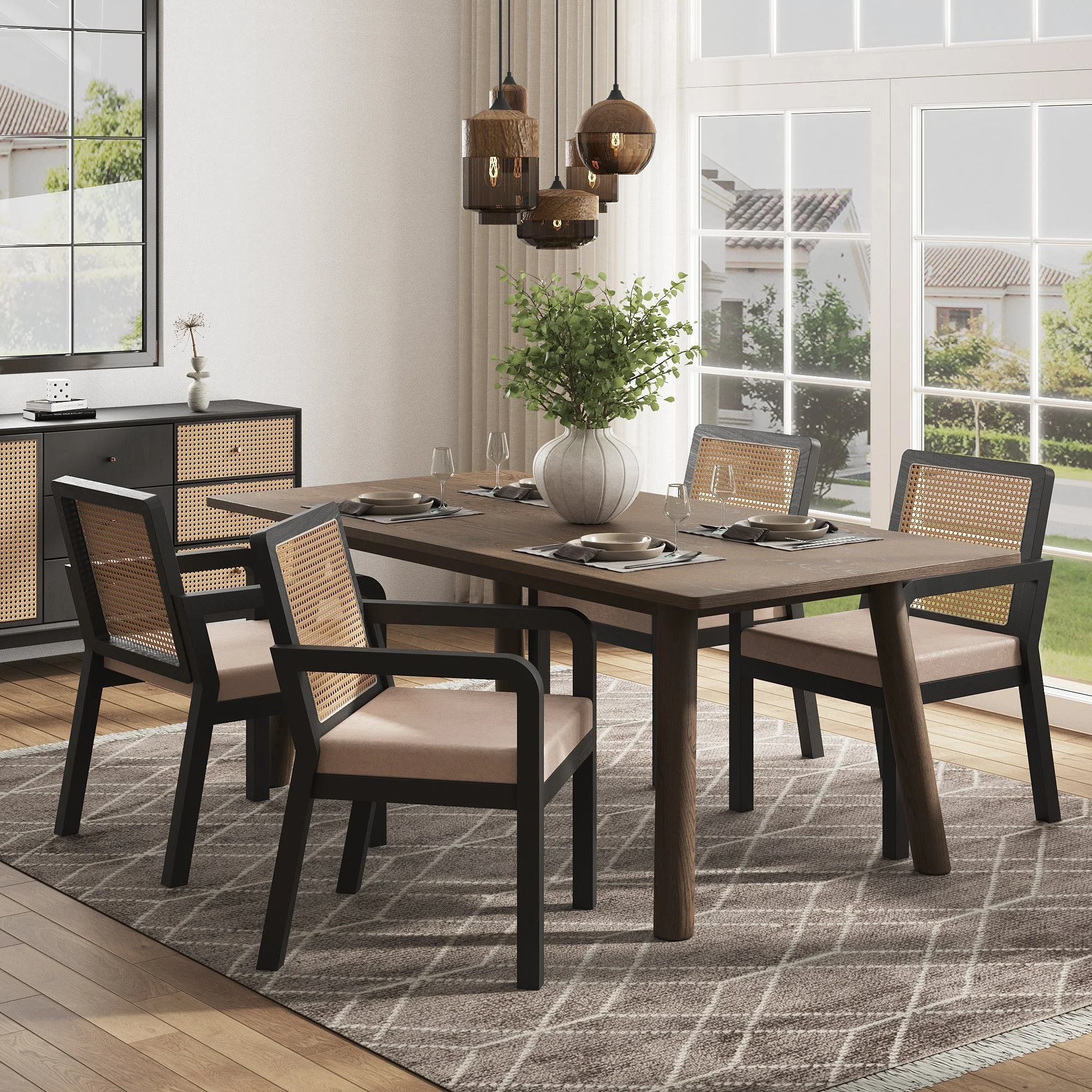 Dining Chair Set of 2 Rattan Backrest Rubberwood Legs - Velour Fabric - Image 4