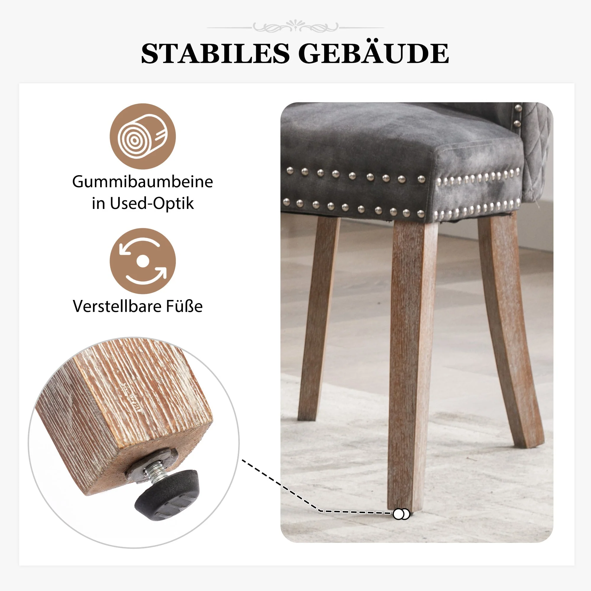 Dining Chair Set of 2 Upholstered Door Knocker Back Nailhead Trim Velvet, Grey - Image 9