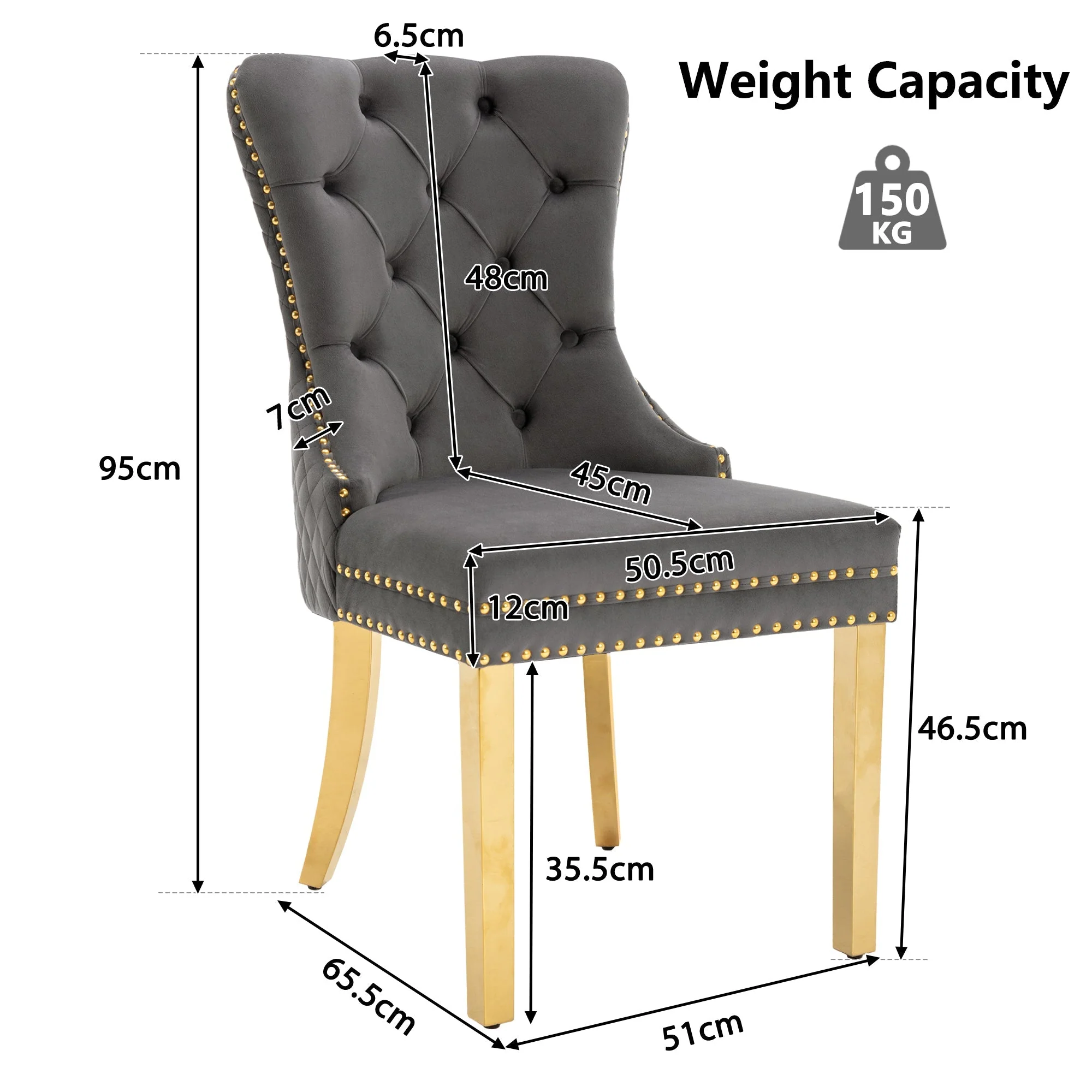 Dining Chair Set of 2 Upholstered Round Pull Ring Back Nailhead Trim Gold-Plated Stainless Steel Grey Velvet/Gold - Image 6