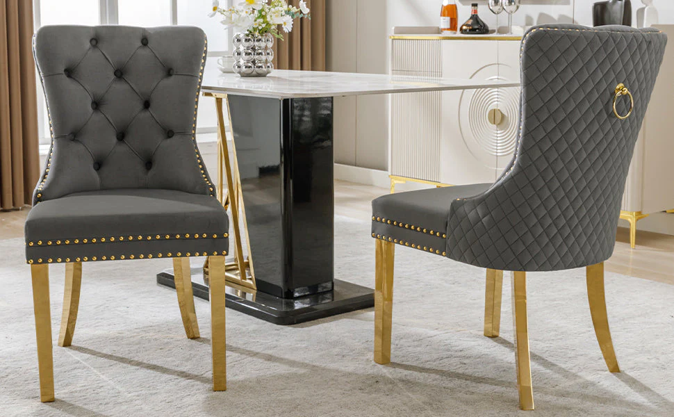 Dining Chair Set of 2 Upholstered Round Pull Ring Back Nailhead Trim Gold-Plated Stainless Steel Grey Velvet/Gold - Image 8